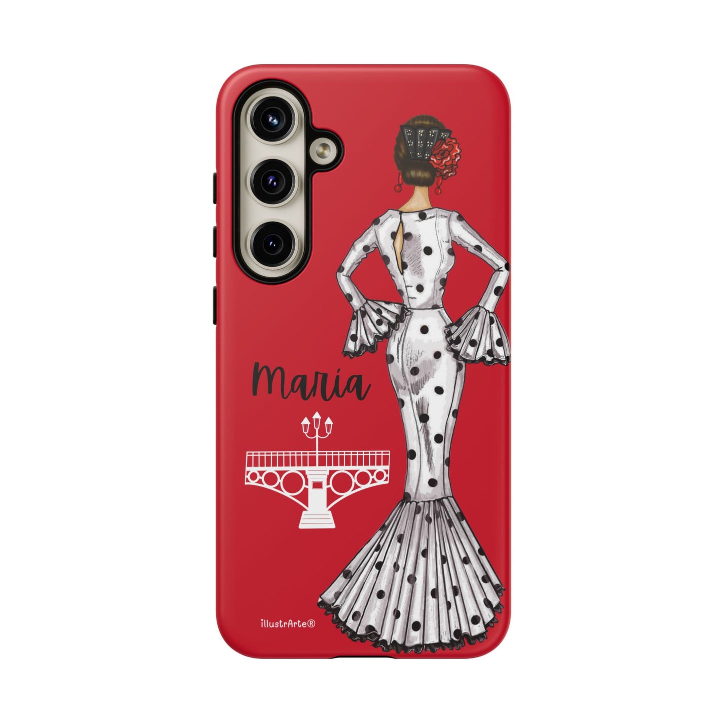 Funda de teléfono con diseño personalizado de flamenca María, ideal para quienes desean un estilo único.