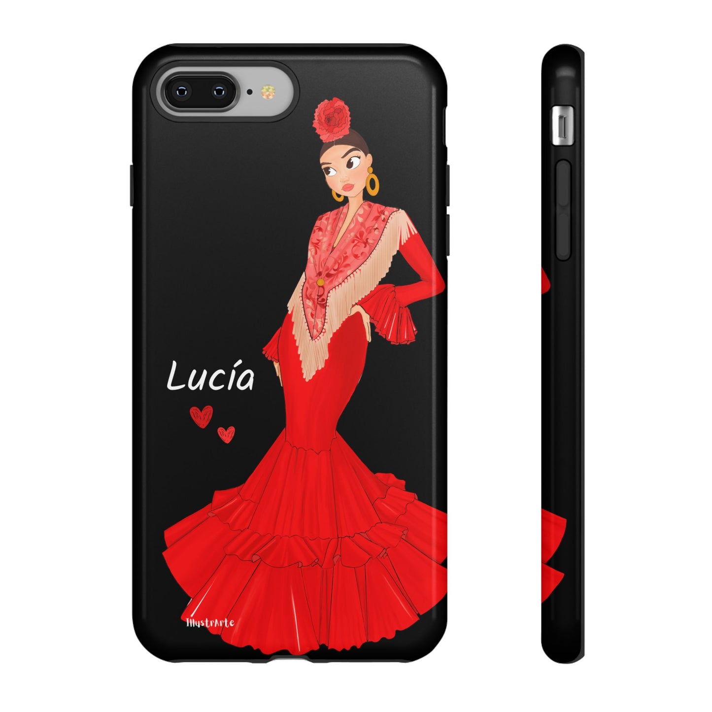 una funda de teléfono con una mujer en un vestido rojo