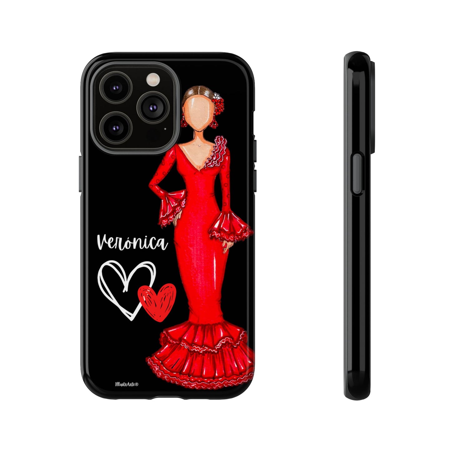 una funda de teléfono con una imagen de una mujer con un vestido rojo