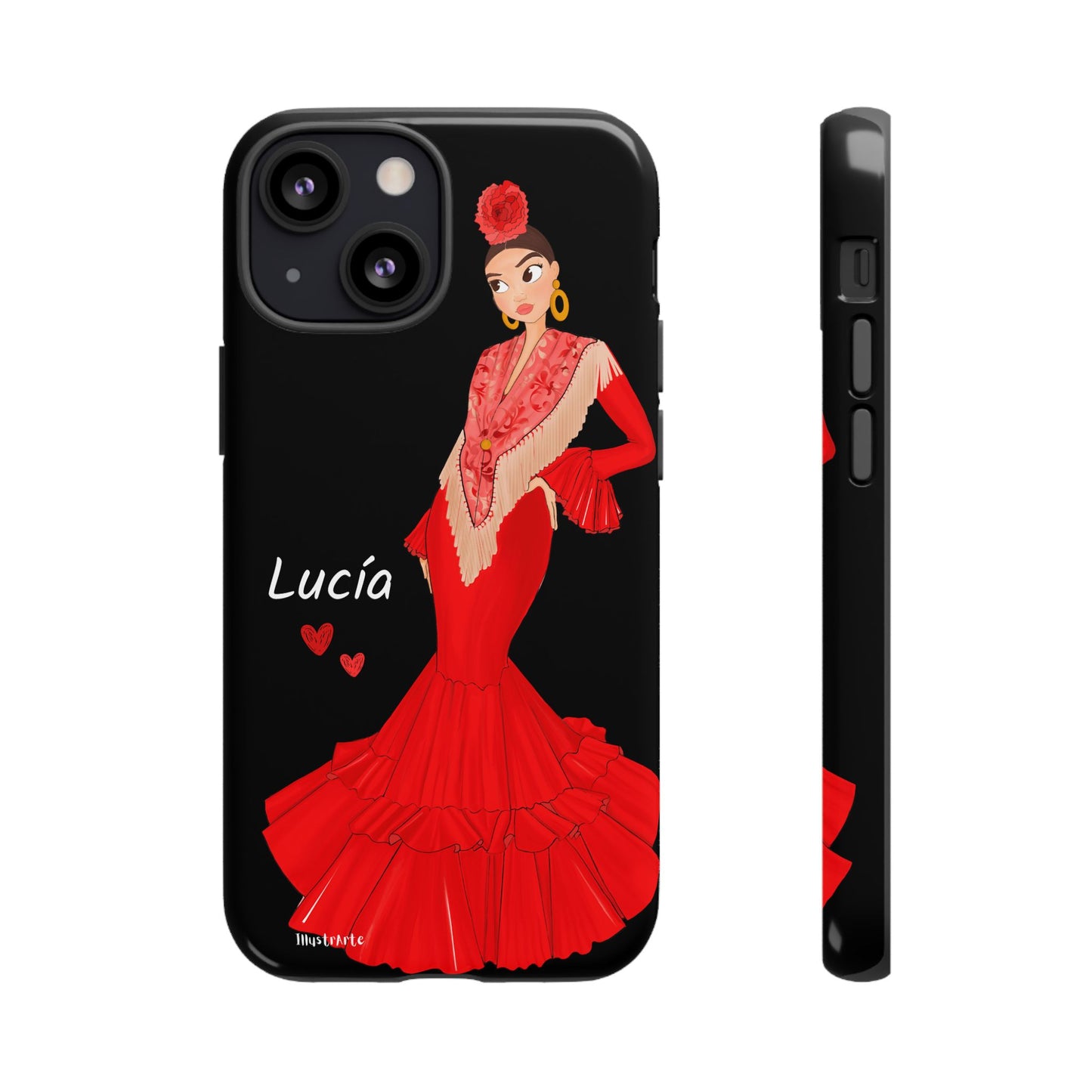 una funda de teléfono con una imagen de una mujer en un vestido rojo