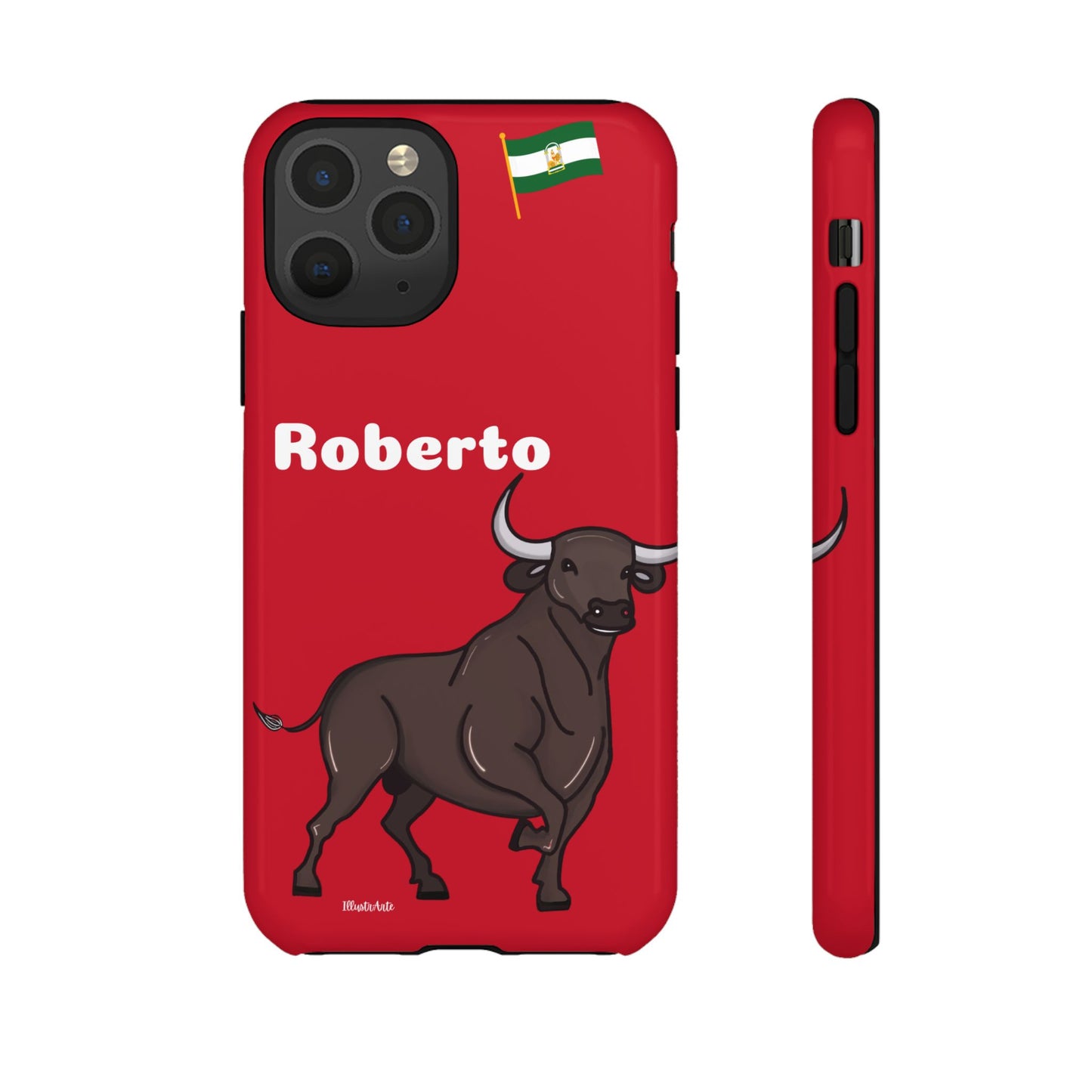 una funda de teléfono roja con un toro en ella