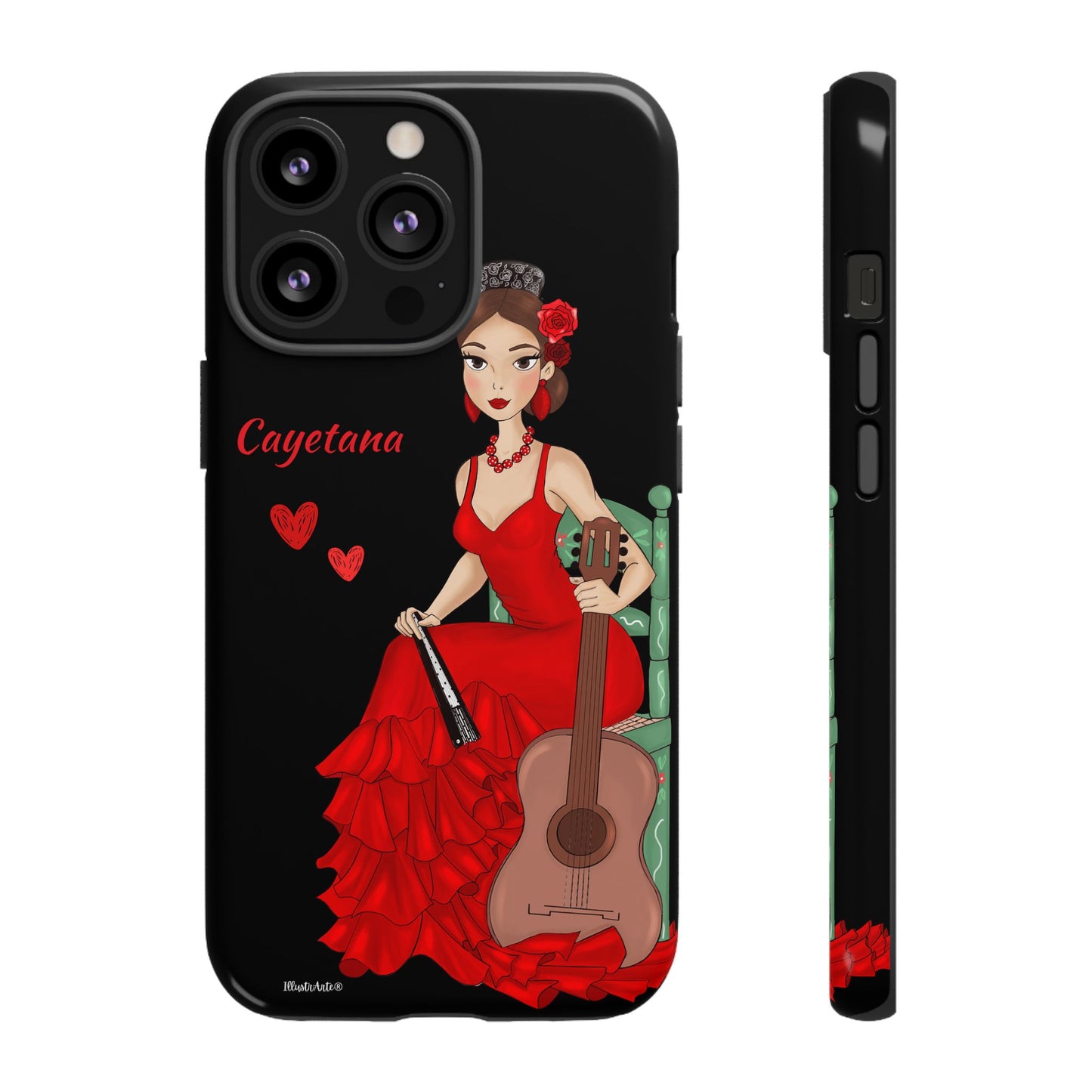 una funda de teléfono con una mujer en un vestido rojo sosteniendo una guitarra