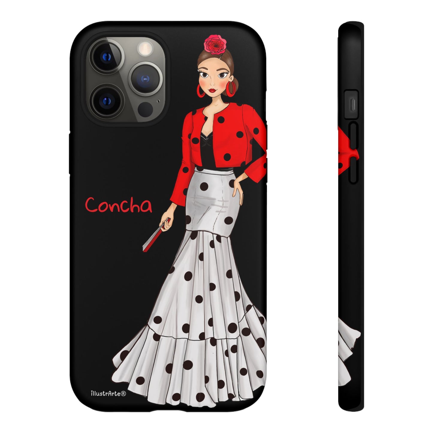 Close-up de la funda personalizable - Modelo Conchita con nombre/bandera en diseño negro.