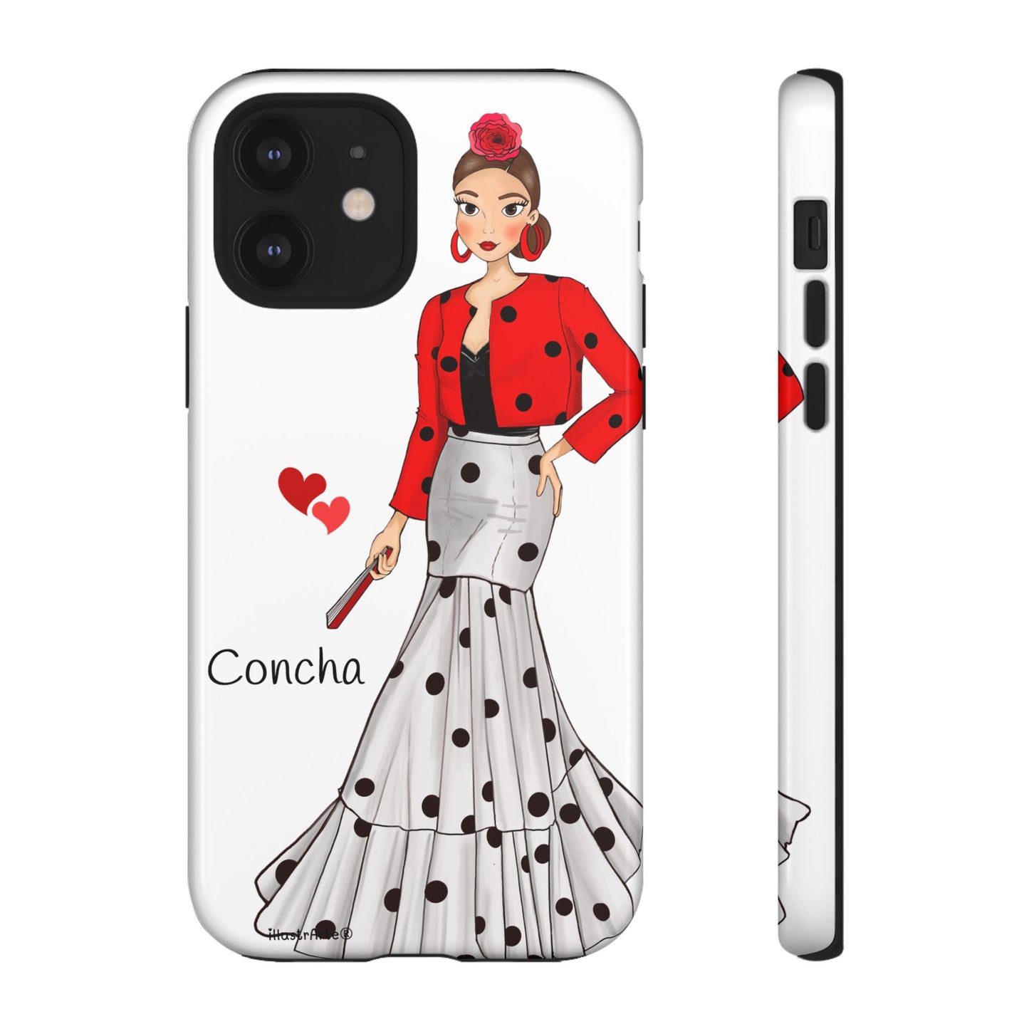 Modelo Conchita de funda de teléfono personalizable con diseño de la Virgen, ideal para dar un toque único a tu iPhone, Samsung y Google Pixel.