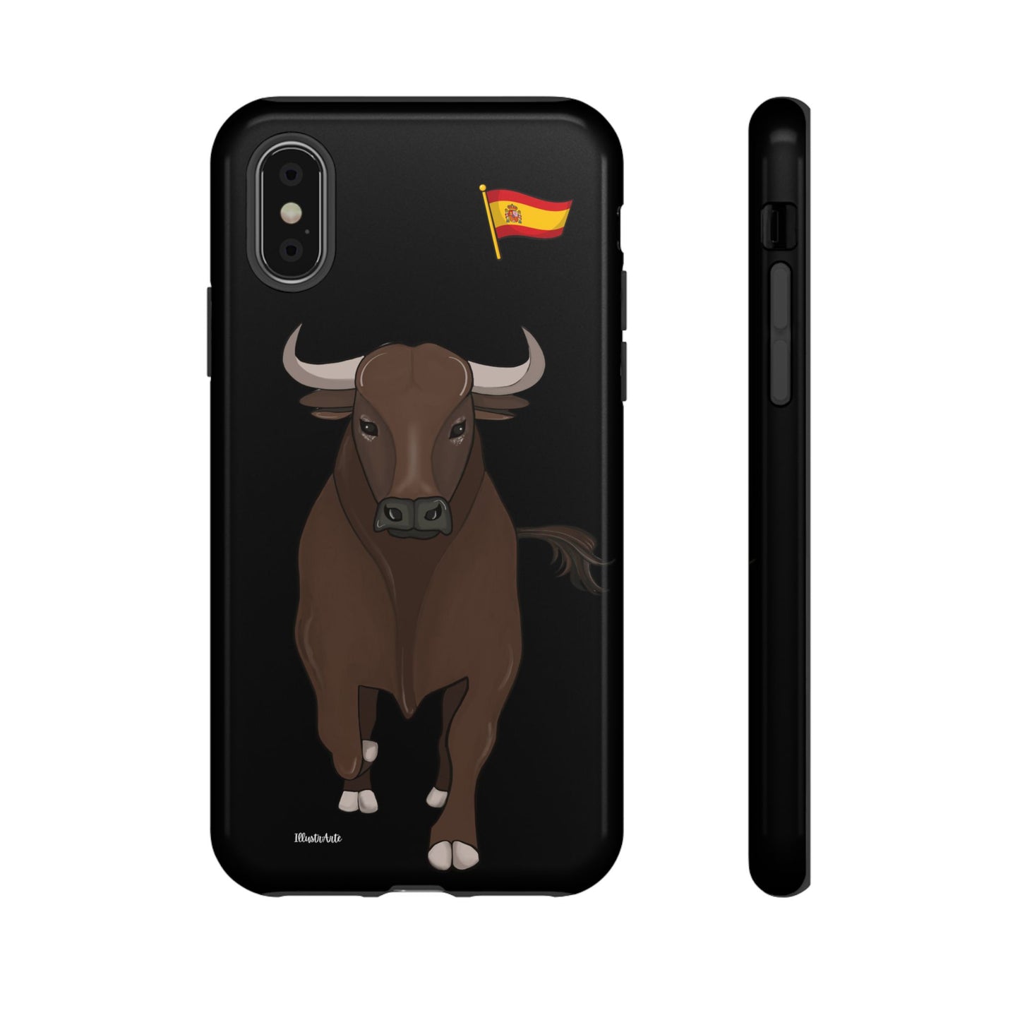 Funda de teléfono personalizable toro Manuel, destacando su diseño elegante y artesanía.