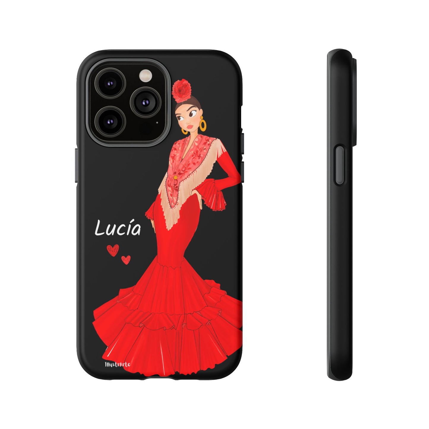 una funda de teléfono con una mujer en un vestido rojo