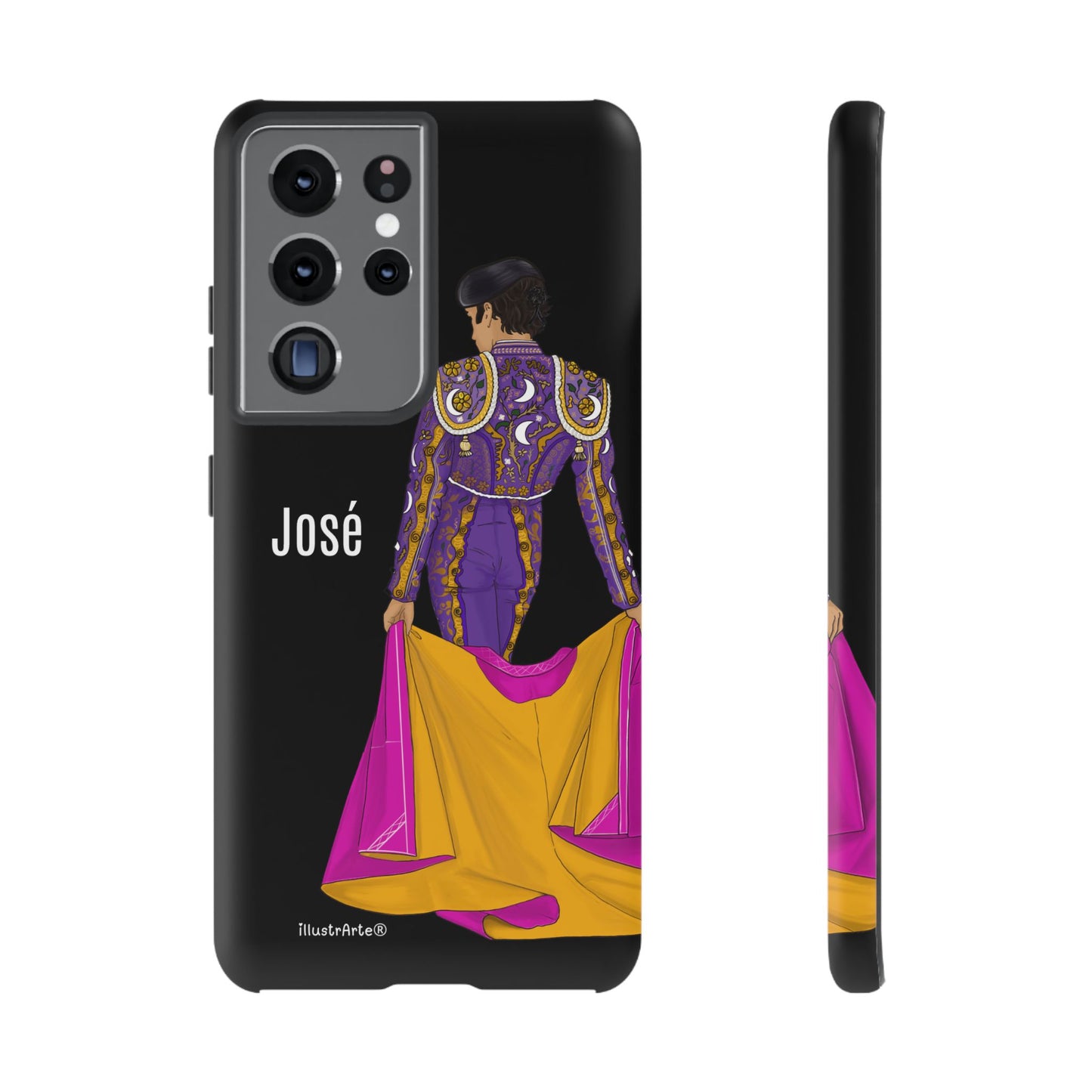 Personalized phone case featuring bullfighter José on a green background – for iPhone, Samsung, Pixel