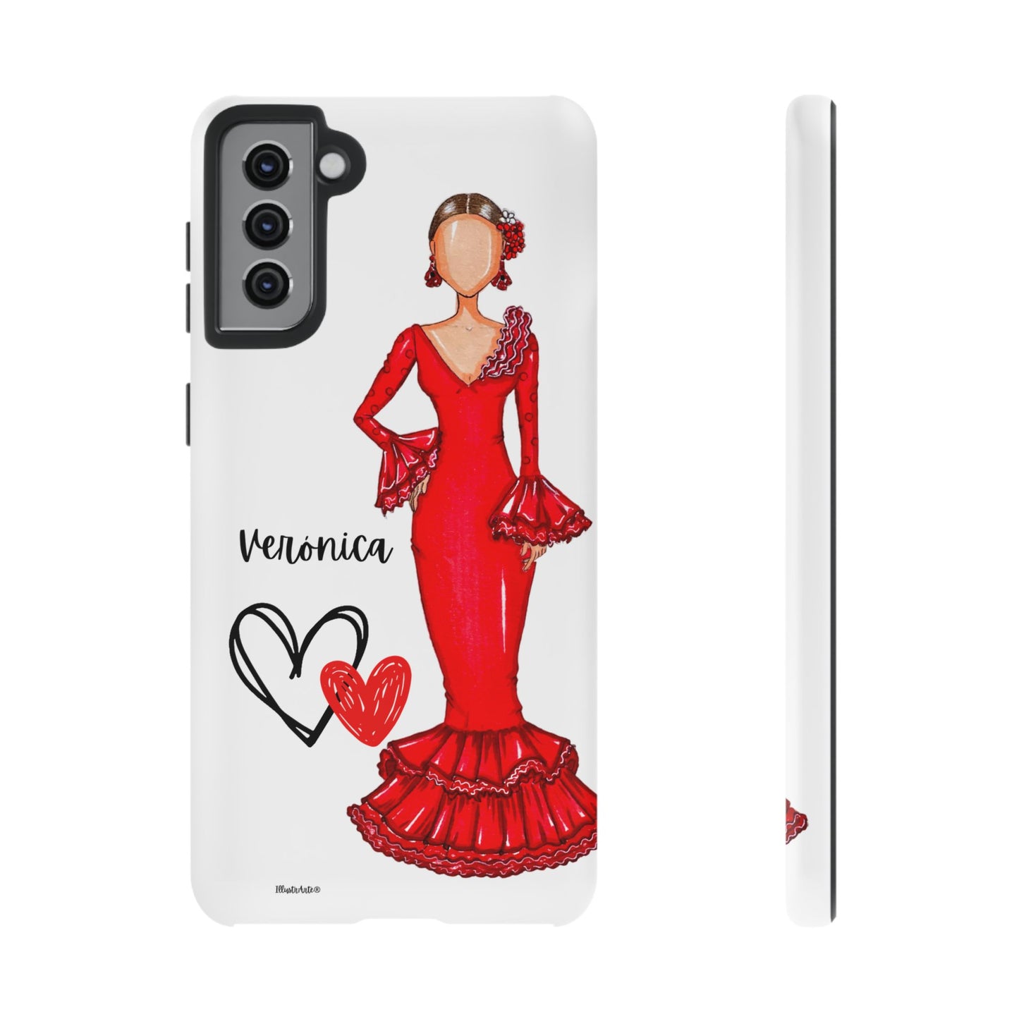 una funda de teléfono con un dibujo de una mujer en un vestido rojo