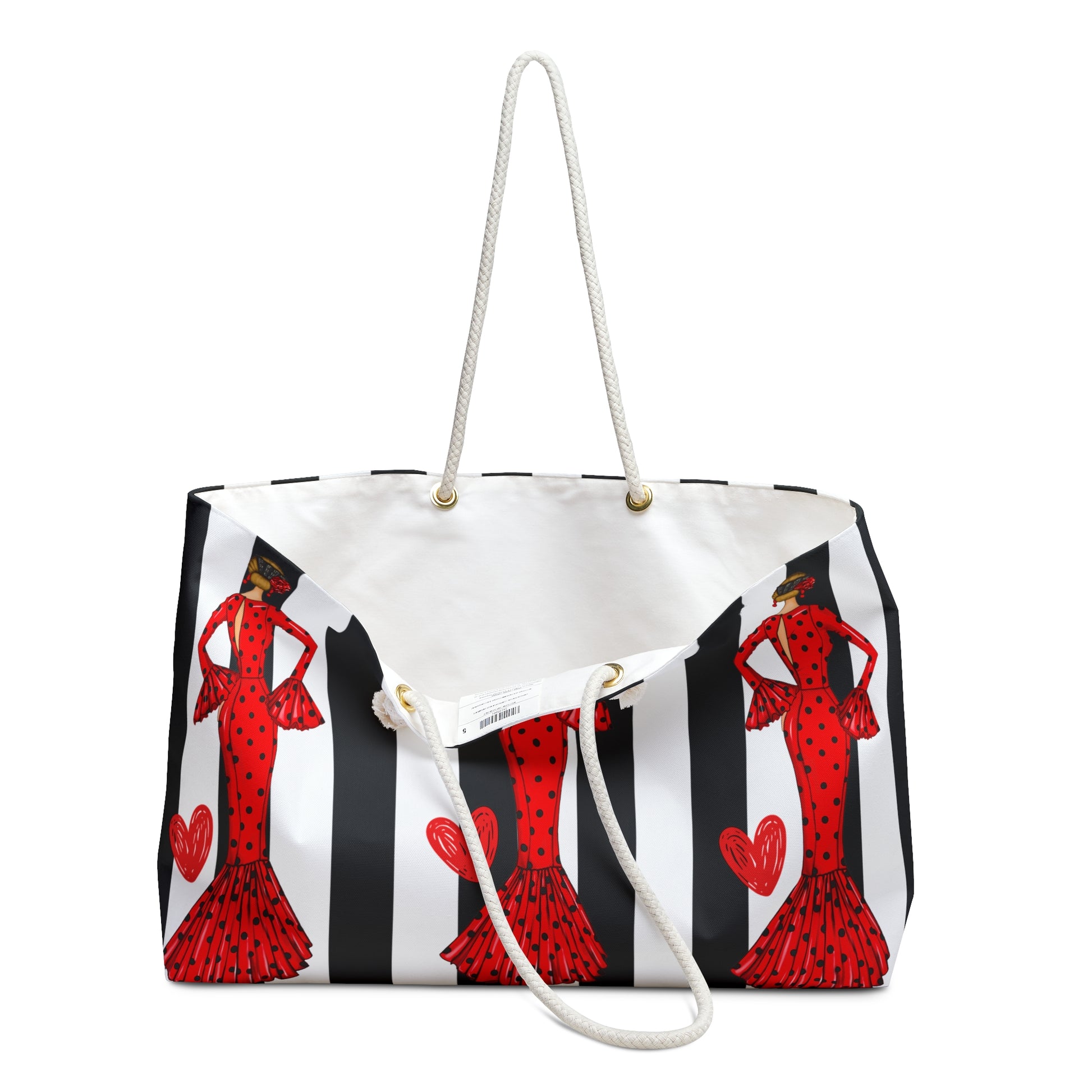 a white and black bag with a red woman on it