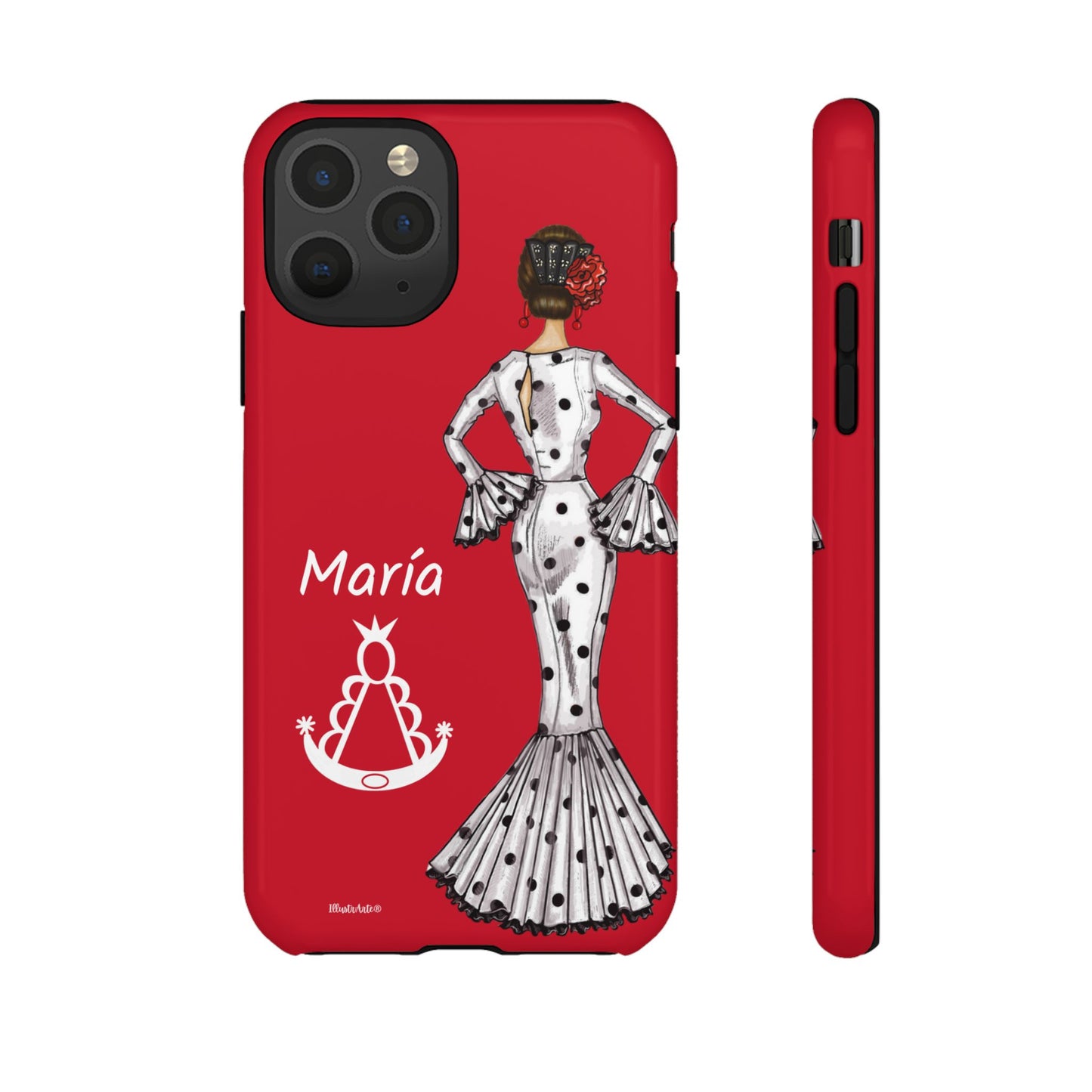 una funda de teléfono roja con una imagen de una mujer en un vestido