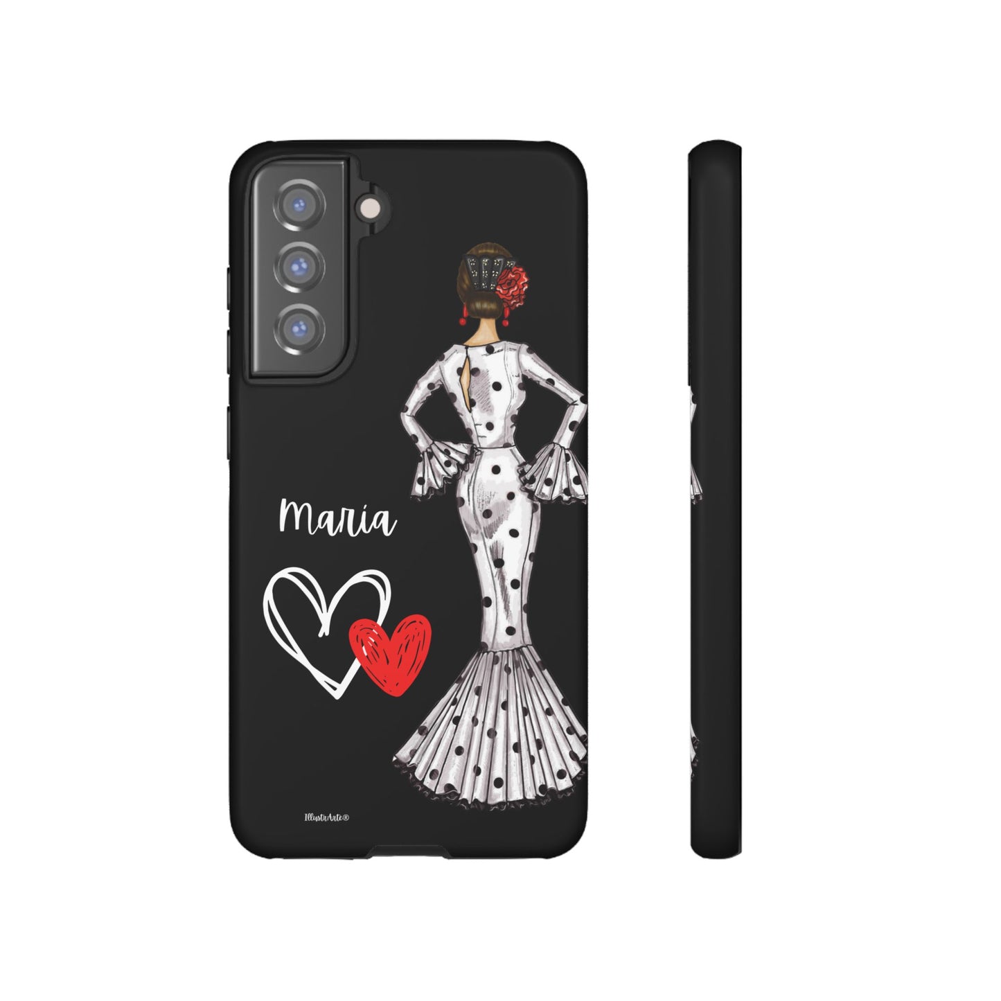 una funda de teléfono con una imagen de una mujer en un vestido