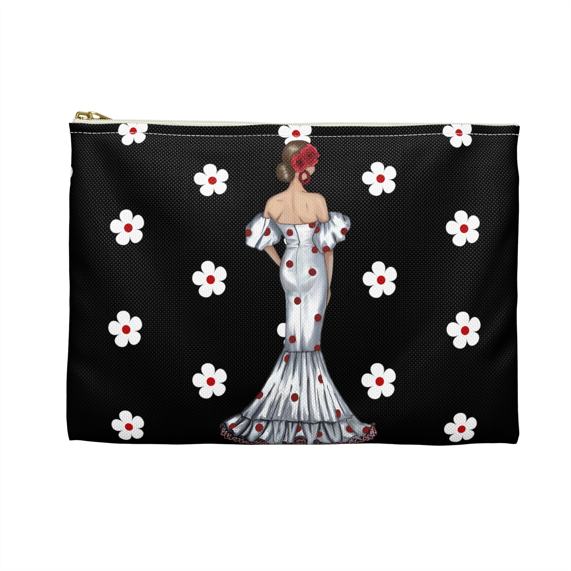 a black and white purse with a woman in a dress on it