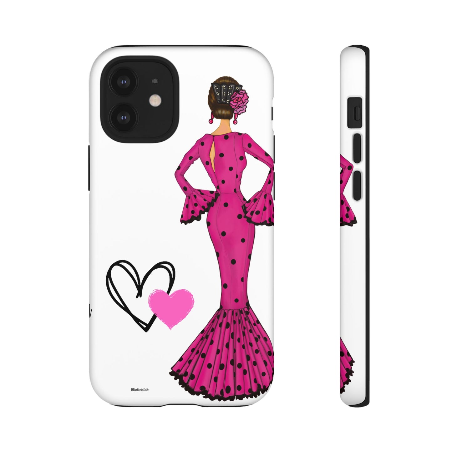 una funda de teléfono con una mujer en un vestido rosa