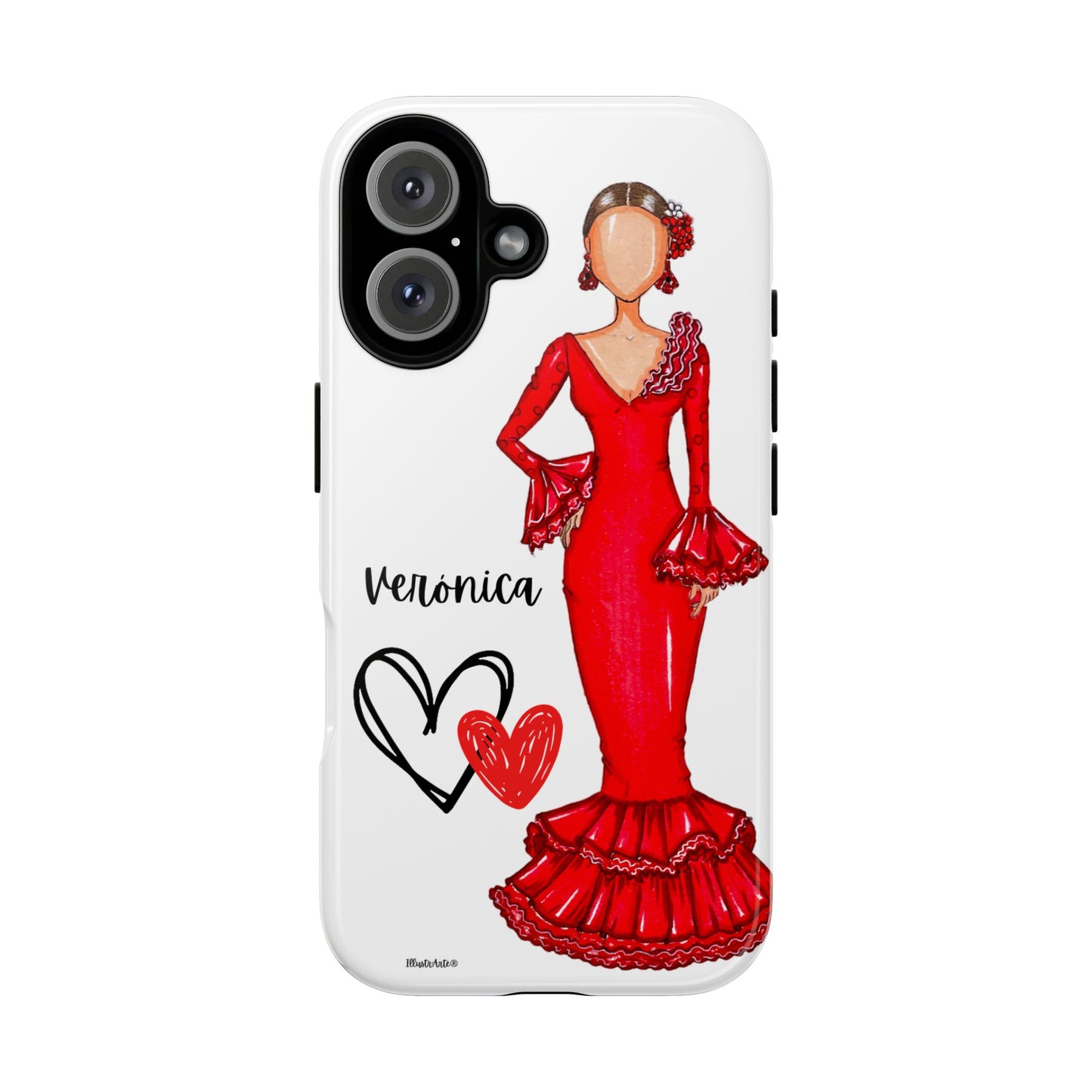 una funda de teléfono con un dibujo de una mujer en un vestido rojo