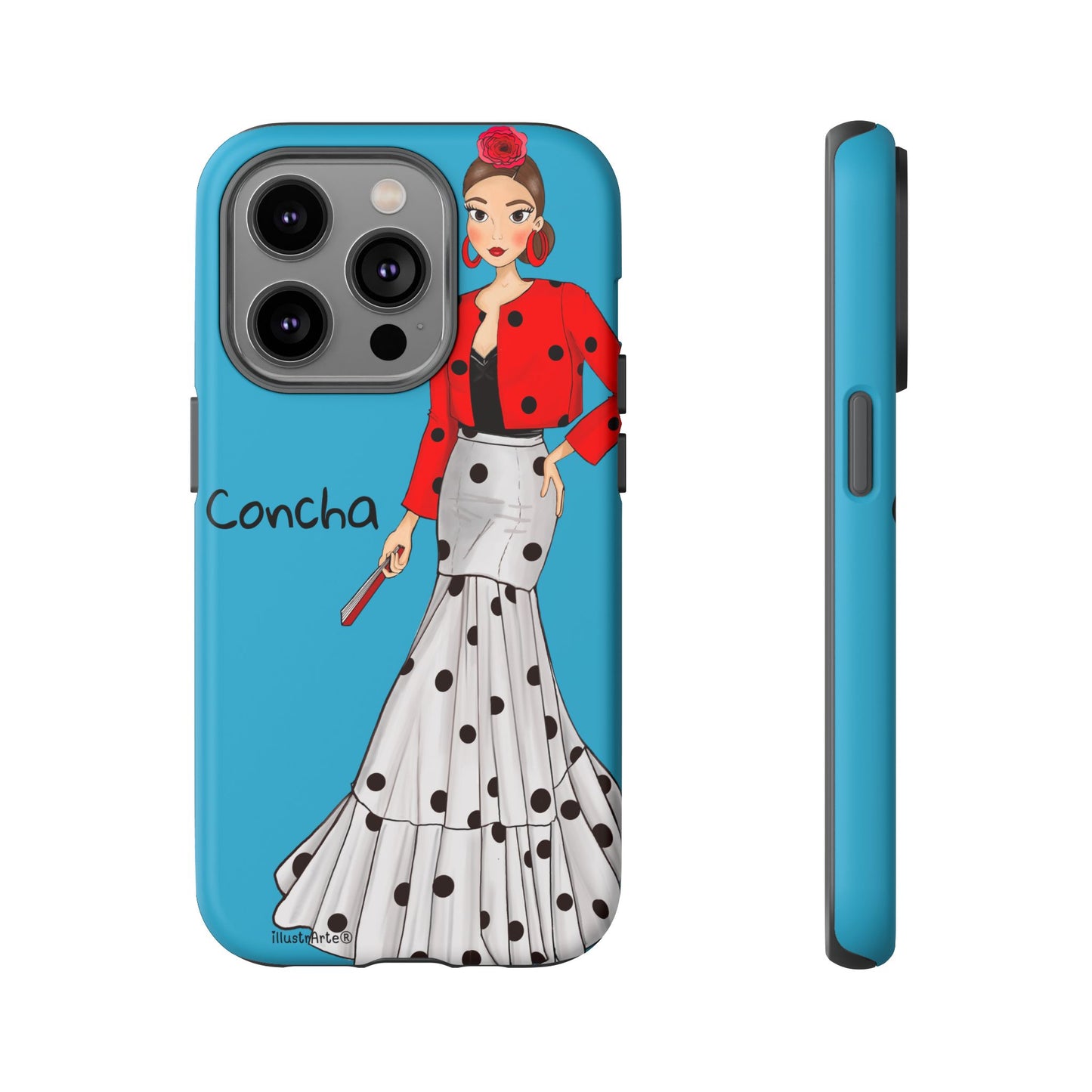 Funda de teléfono con diseño flamenco, Modelo Conchita fondo azul, ideal para un toque cultural.