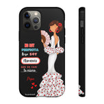 Personalised phone case flamenco dancer Pepa, white dress, with quote for iPhone 12 Pro, gloss finish – illustrArte