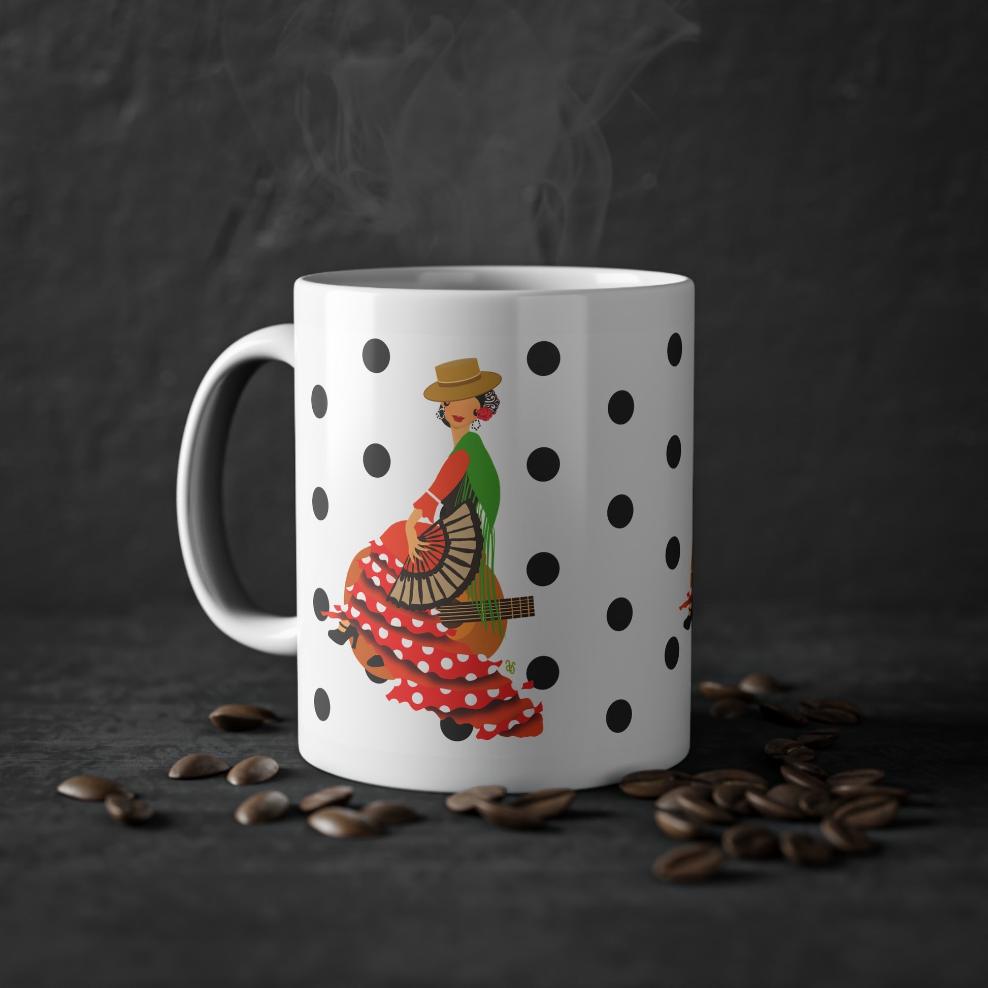 una taza de café con una imagen de una mujer en ella