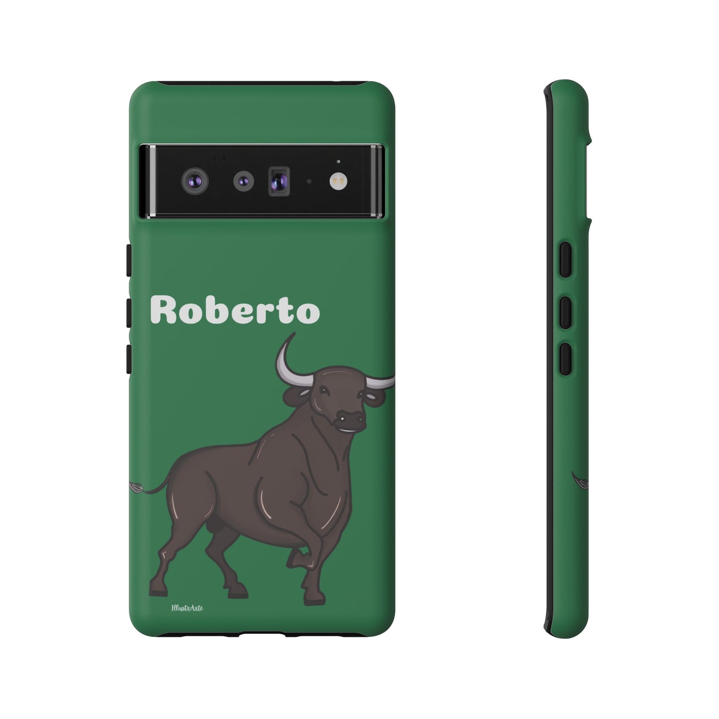 una funda de teléfono verde con un toro en ella