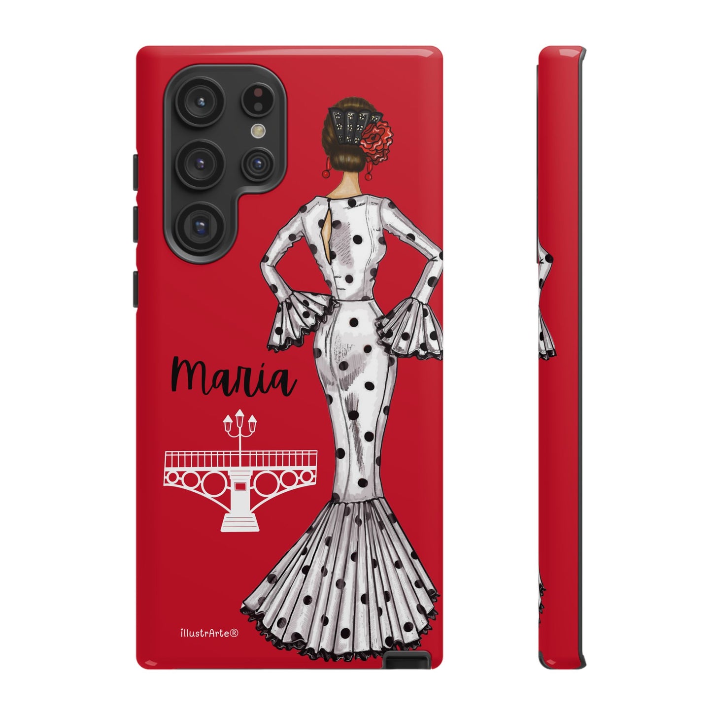 Funda de teléfono personalizable con ilustración de flamenca María, compatible con iPhone, Samsung y Google Pixel.