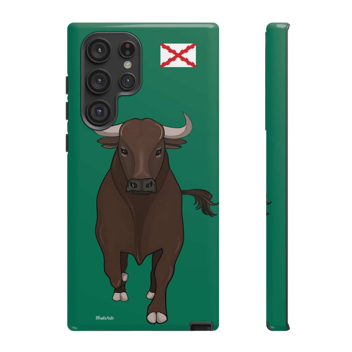 una funda de teléfono con una imagen de un toro en ella