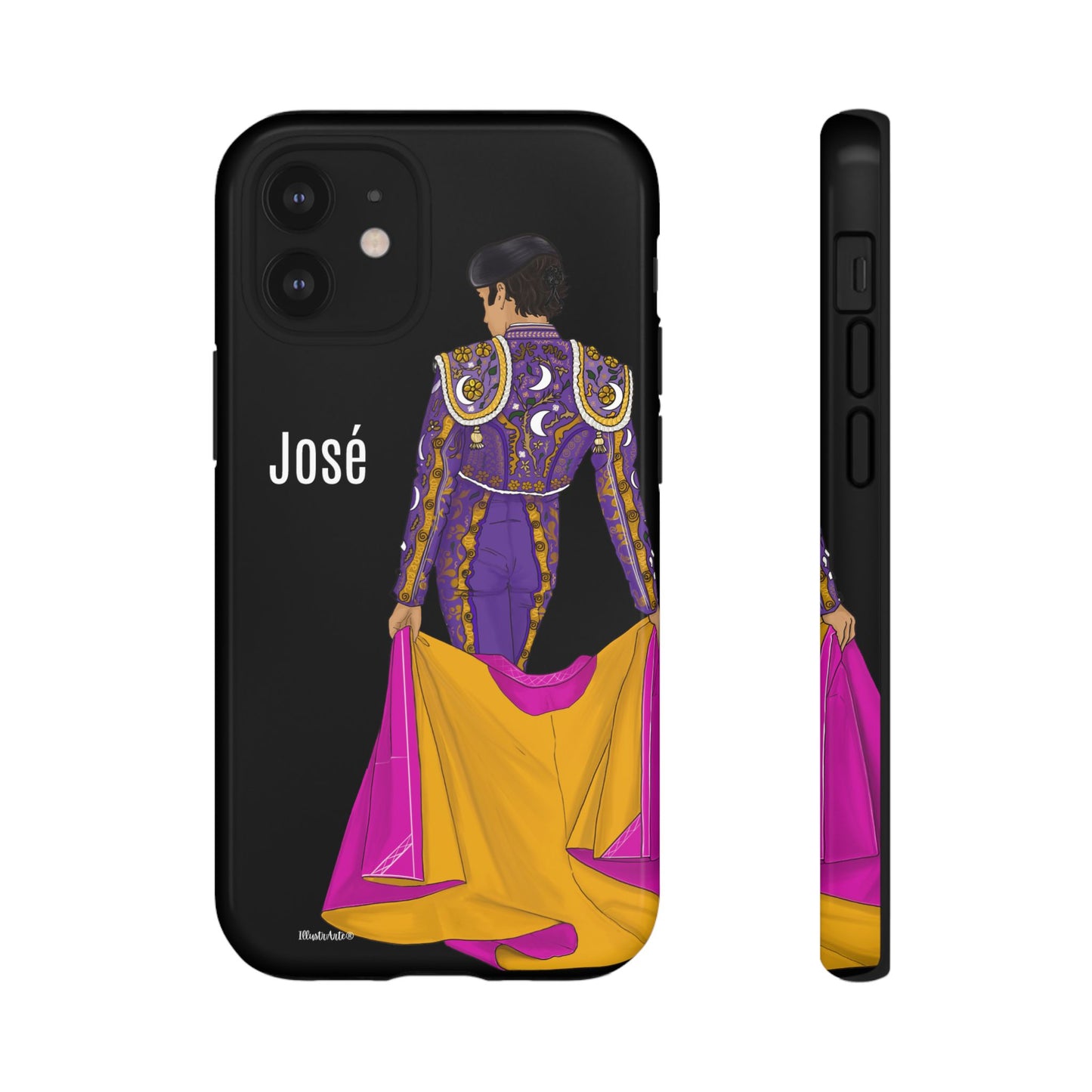 una funda de teléfono con una imagen de una mujer en un traje morado y amarillo