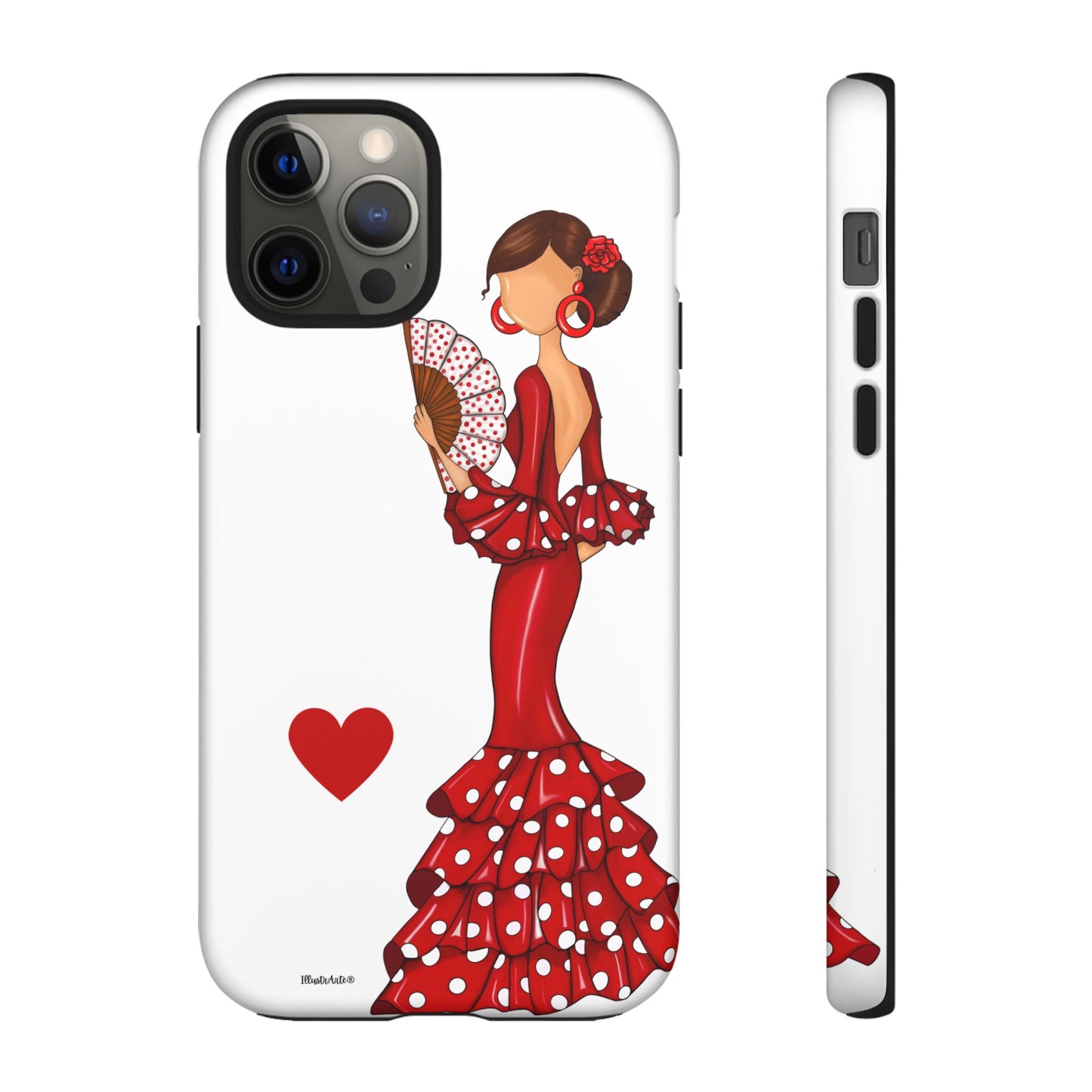 una funda de teléfono con una mujer en un vestido rojo