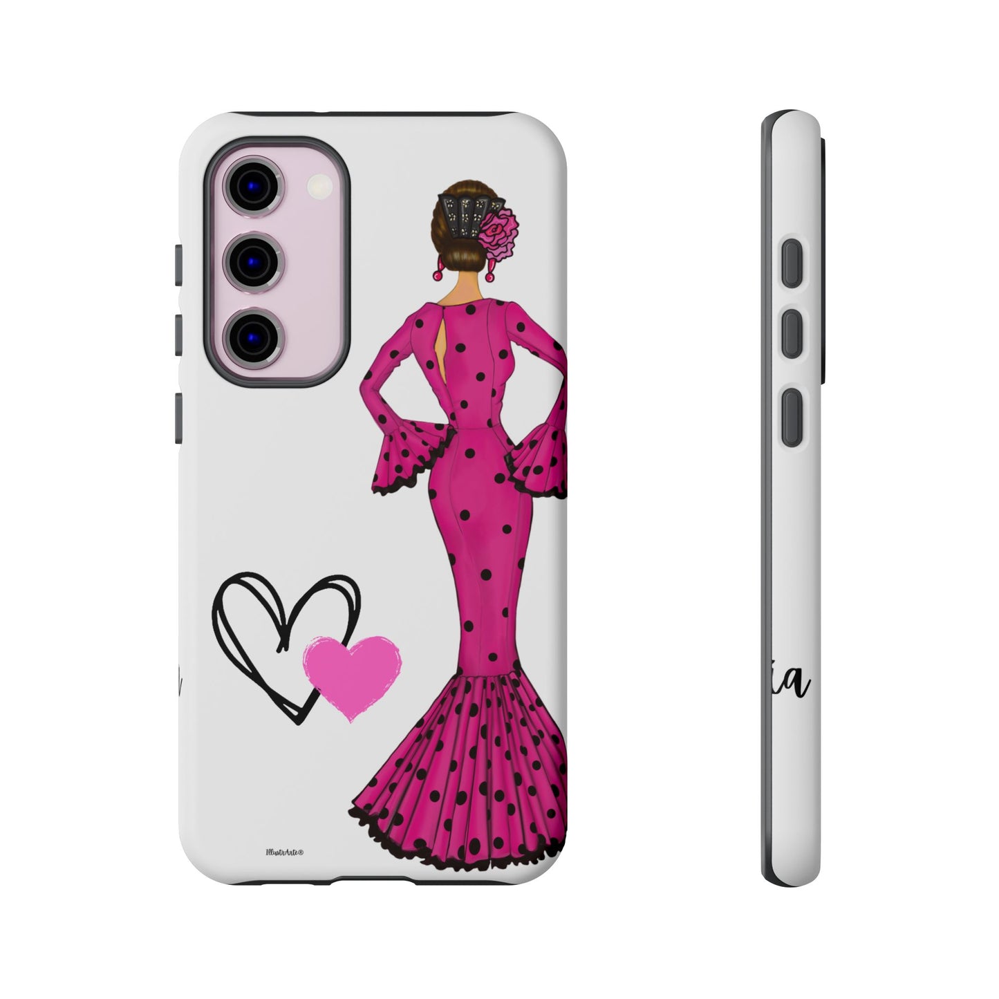 una funda de teléfono con una mujer en un vestido rosa