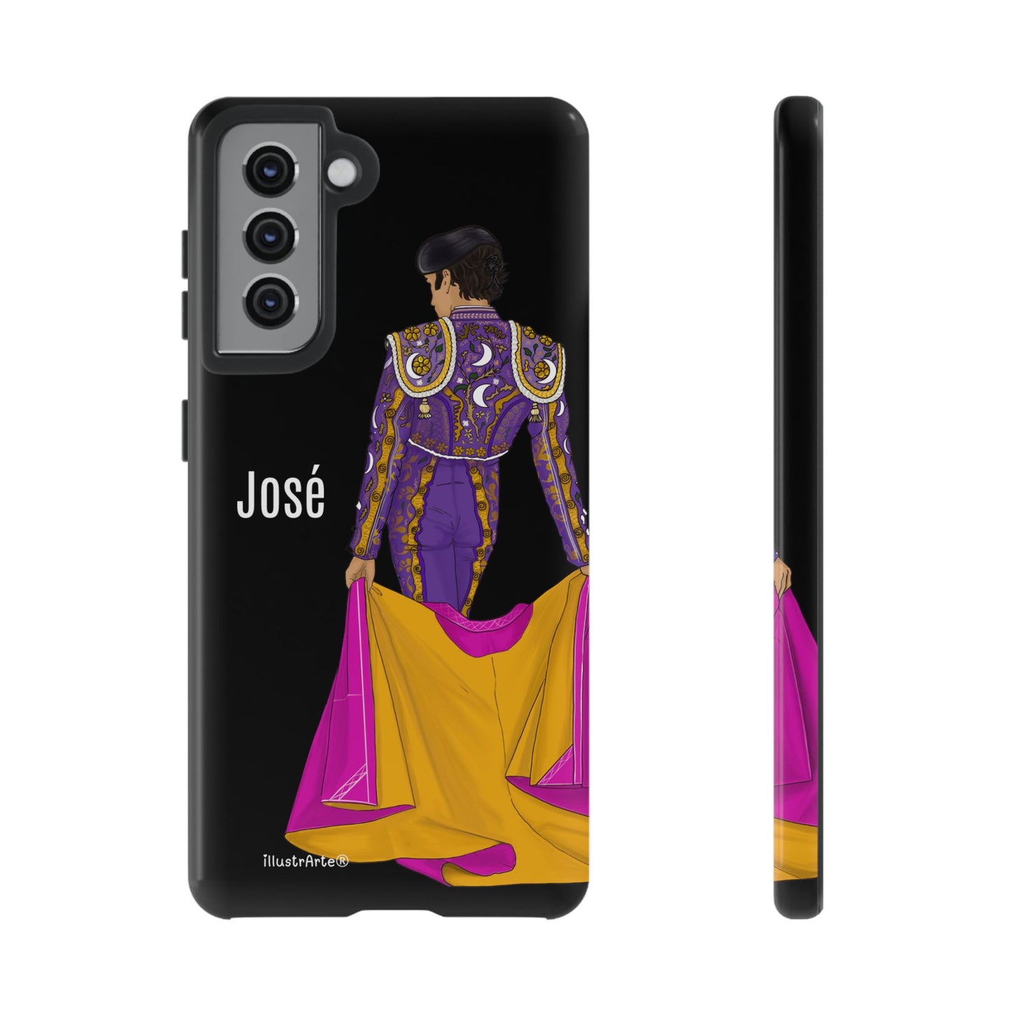 Personalized phone case featuring bullfighter José on a green background – for iPhone, Samsung, Pixel
