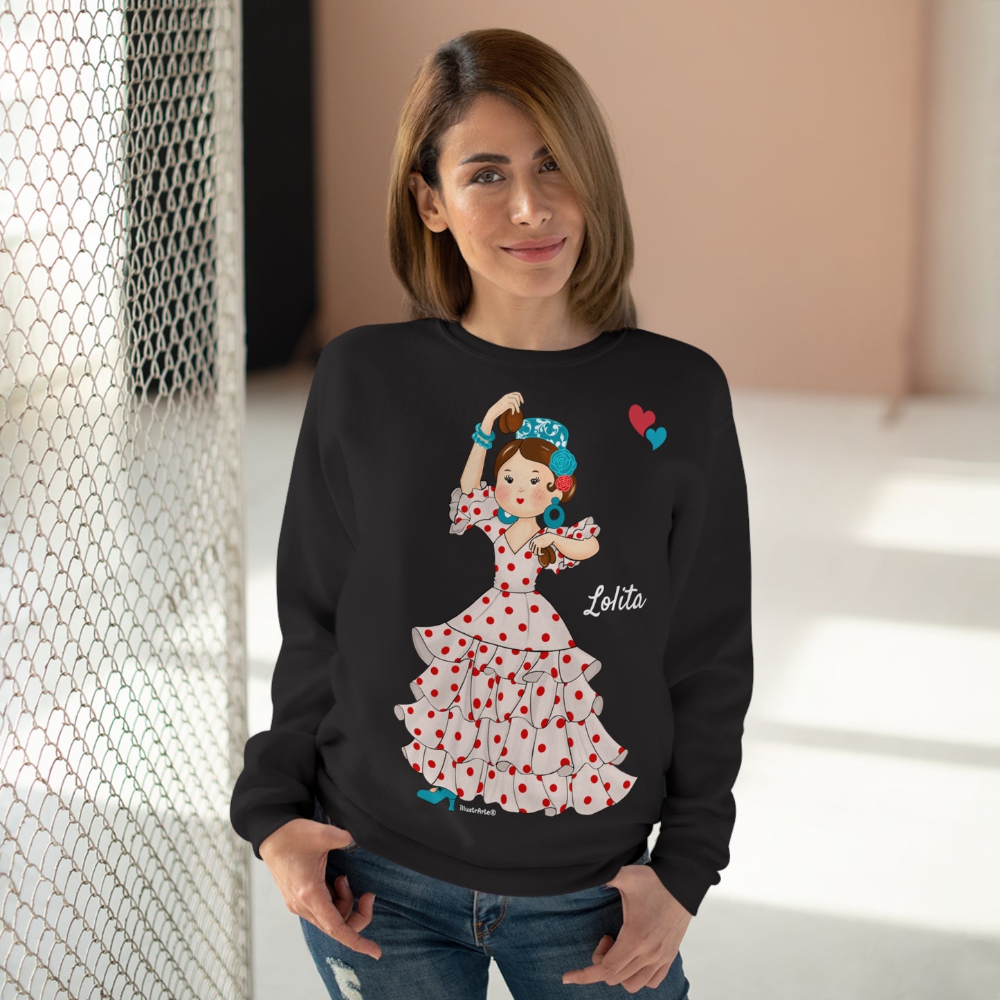 Sudadera Personalizable  - Flamenca Lolita, fondo negro - Arte, color y comodidad en una sola prenda