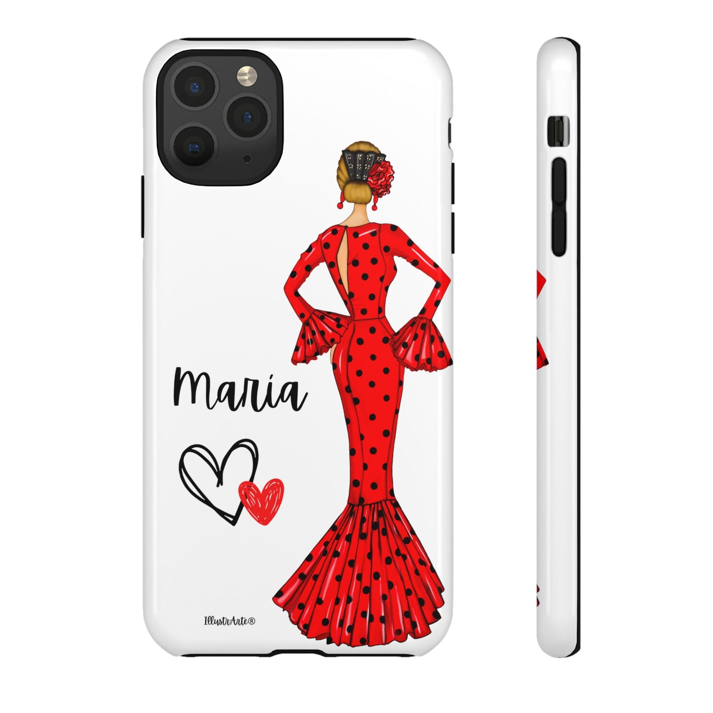 una funda de teléfono con una mujer en un vestido rojo