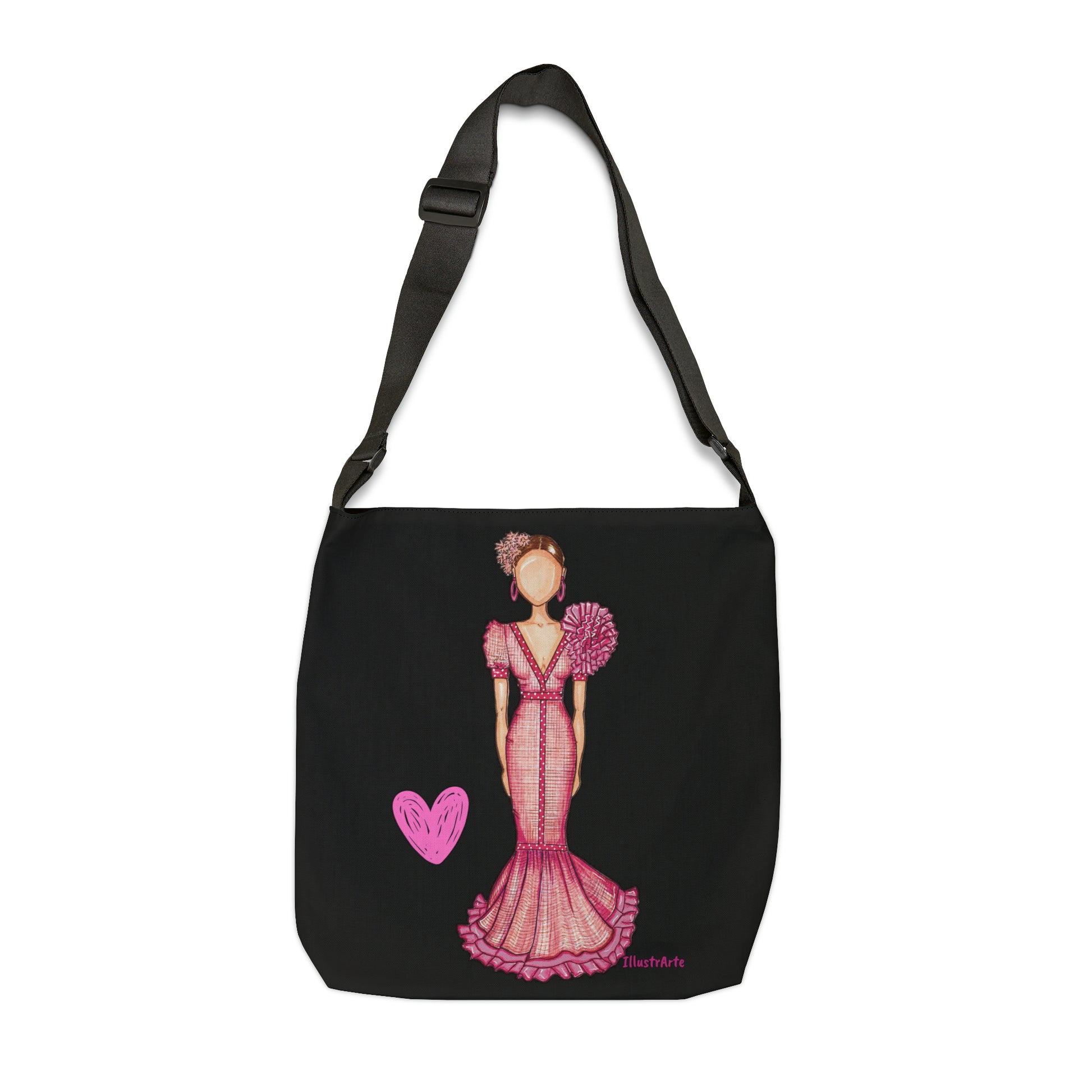 Flamenco Dancer Tote Bag with zip, pink dress and a pink heart design. - IllustrArte