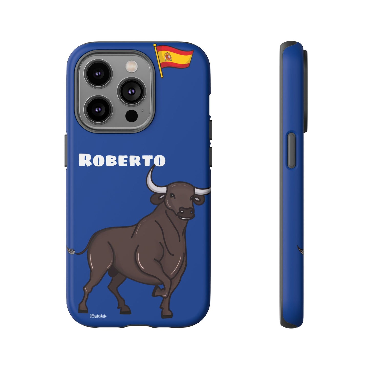 una funda de teléfono azul con un toro en ella