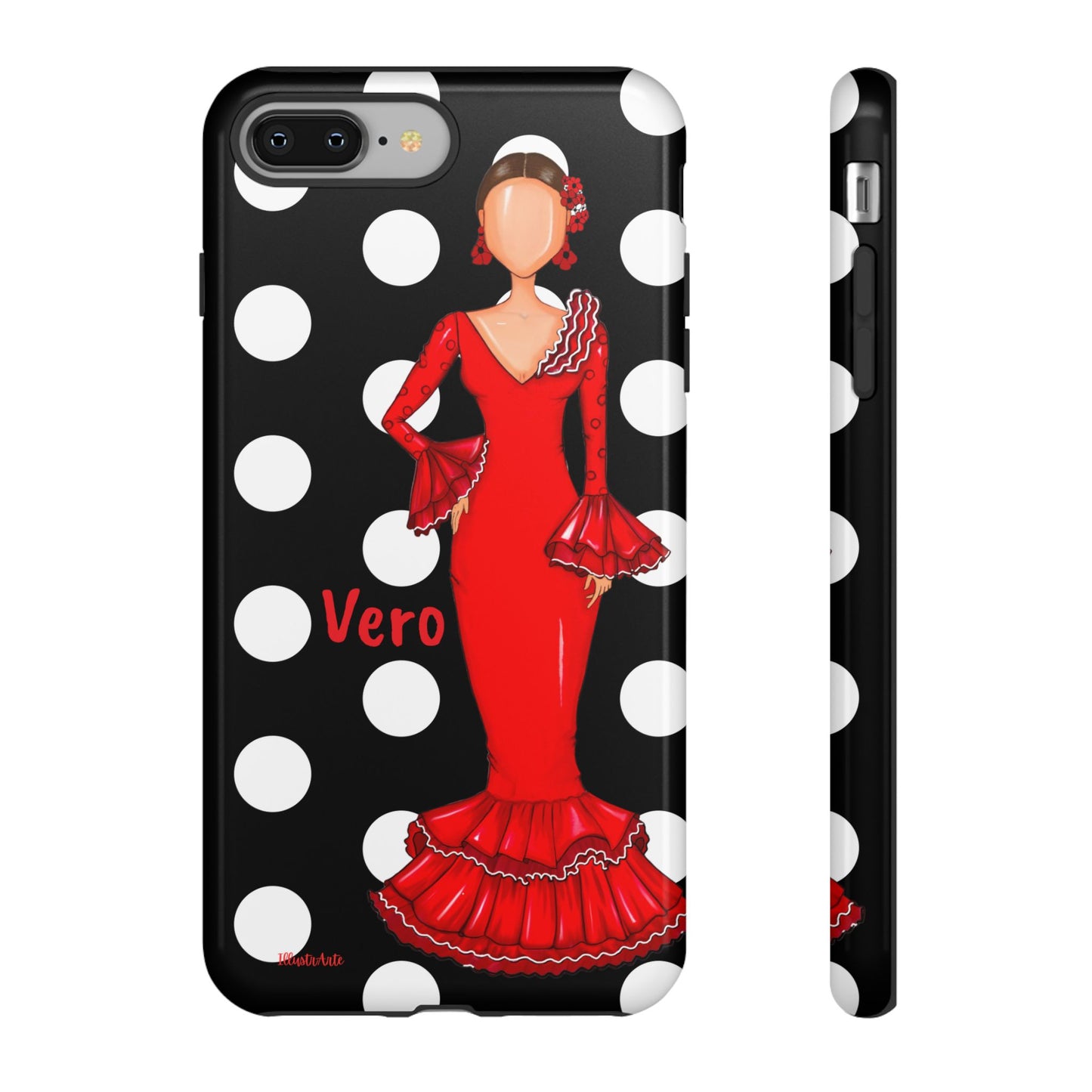 una funda para teléfono con una mujer en un vestido rojo