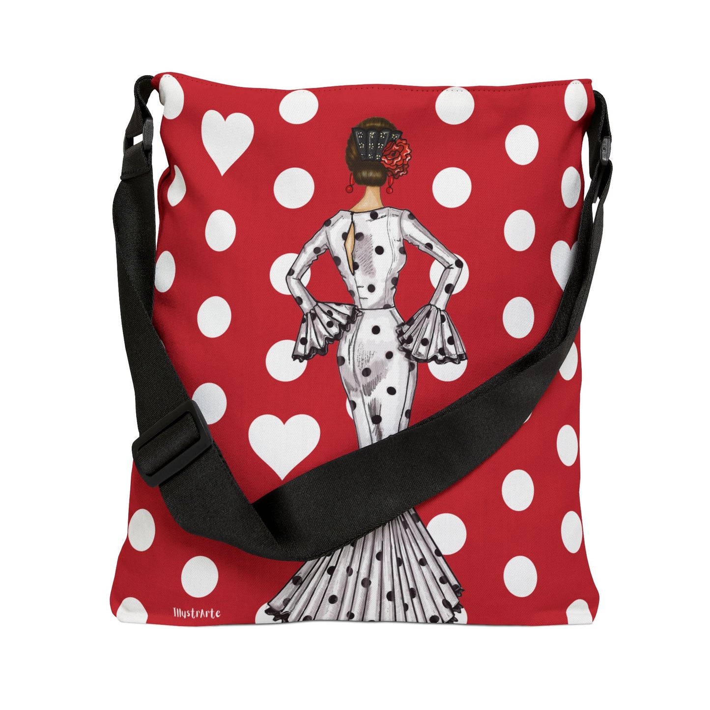 a red and white polka dot purse with a woman on it