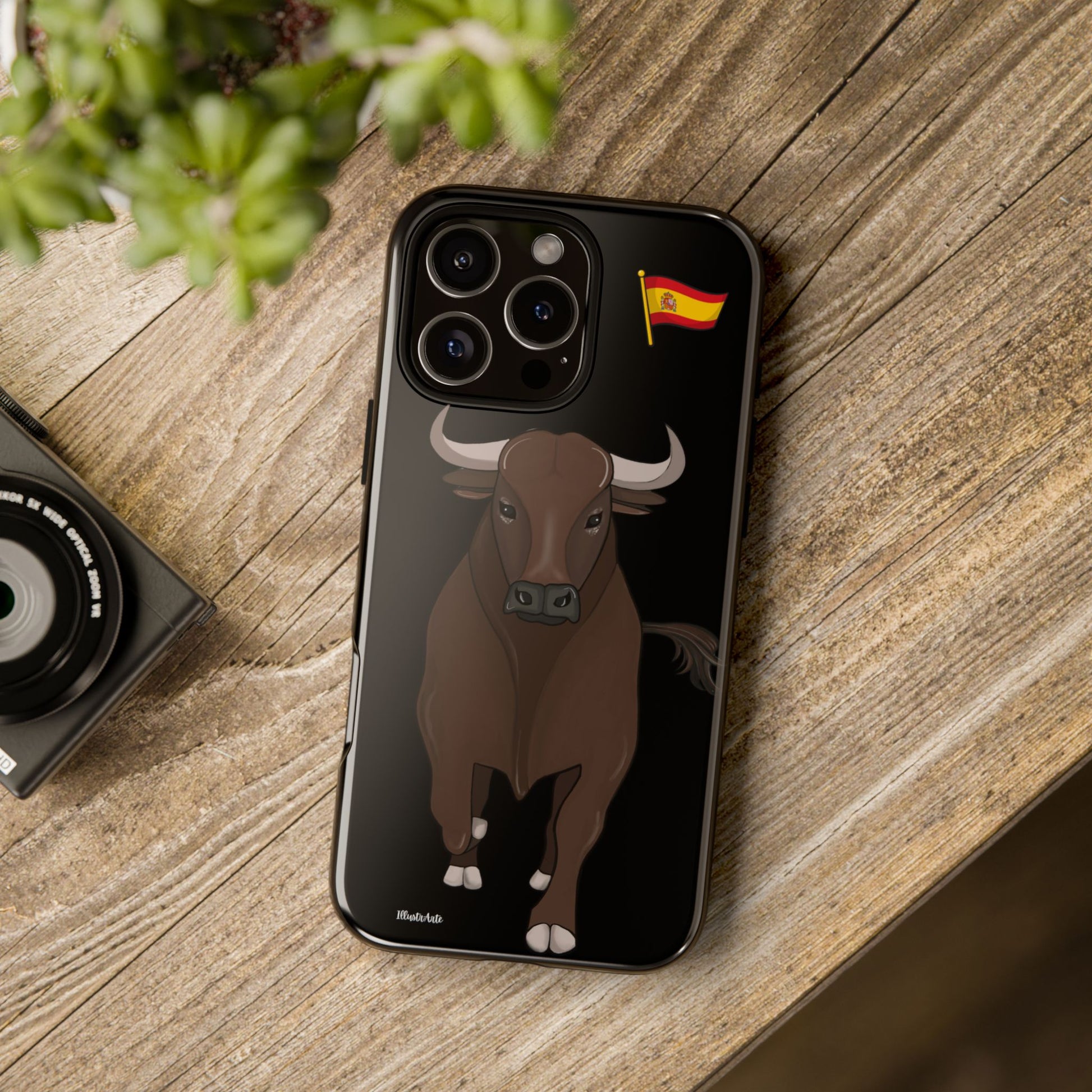 una funda de teléfono con una imagen de un toro en ella