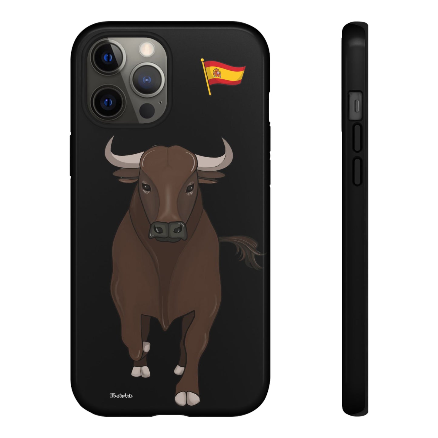Vista detallada de la funda de teléfono toro Manuel sobre fondo llamativo.