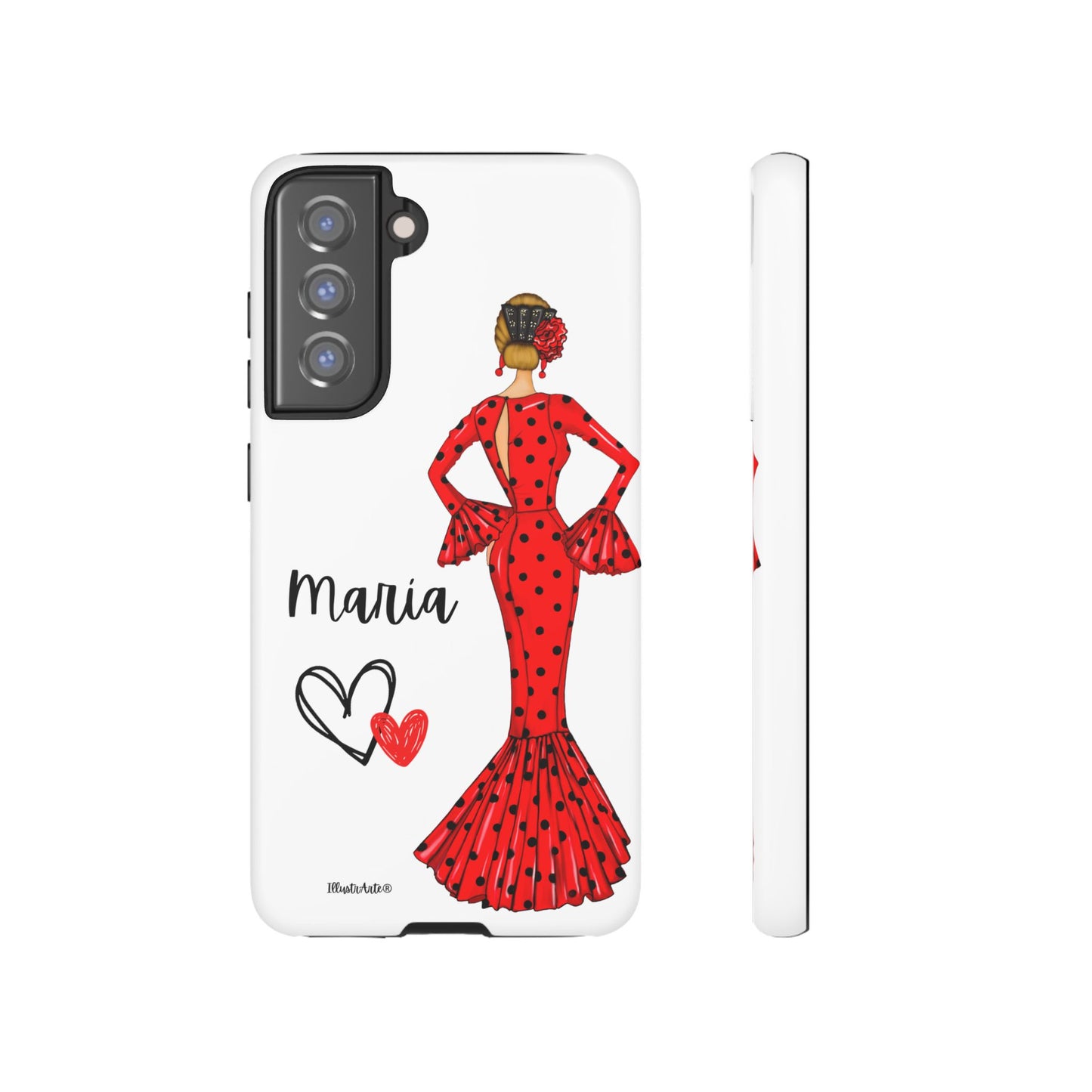 una funda de teléfono con una mujer en un vestido rojo