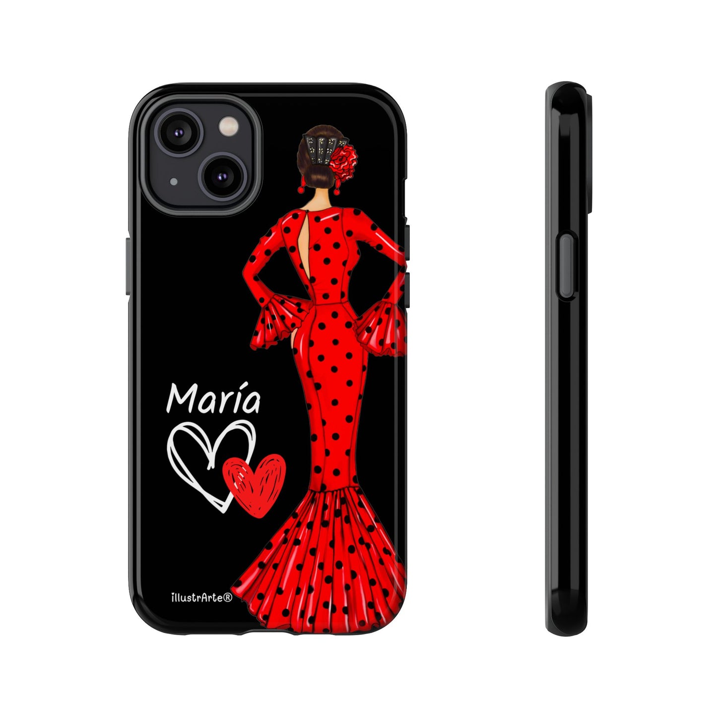 Capa de celular personalizável com nome/bandeira/Virgem - modelo Red Maria com cabelo escuro, fundo preto, para iPhone, Samsung e Google Pixel