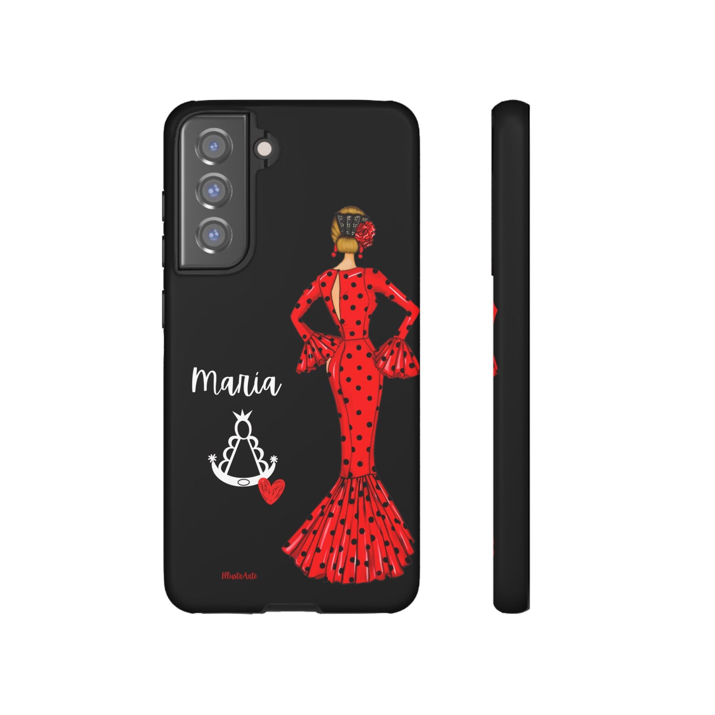 una funda de teléfono con una mujer en un vestido rojo