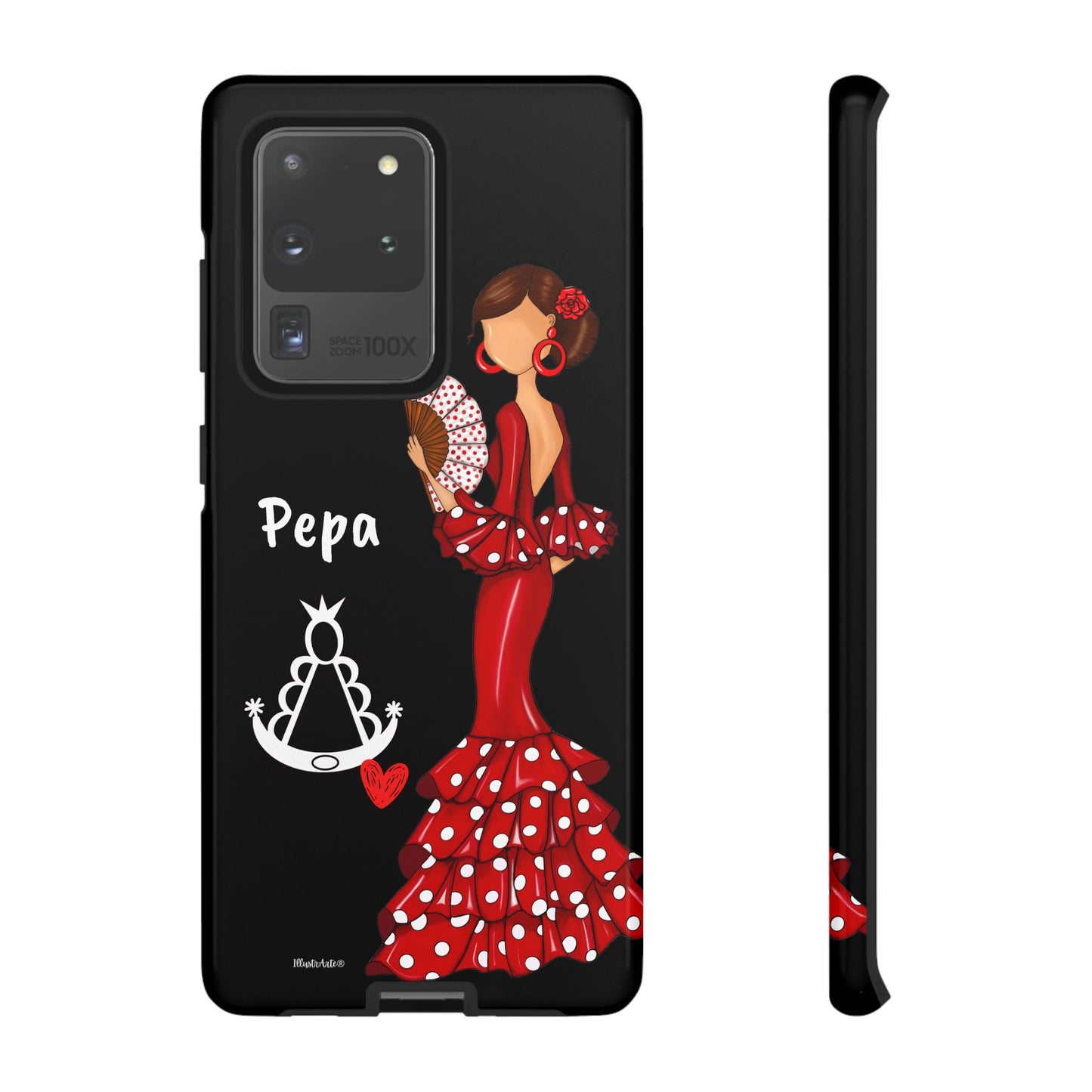 Personalized Pepa phone case on a black background with the Virgin Mary – for iPhone, Samsung, Pixel