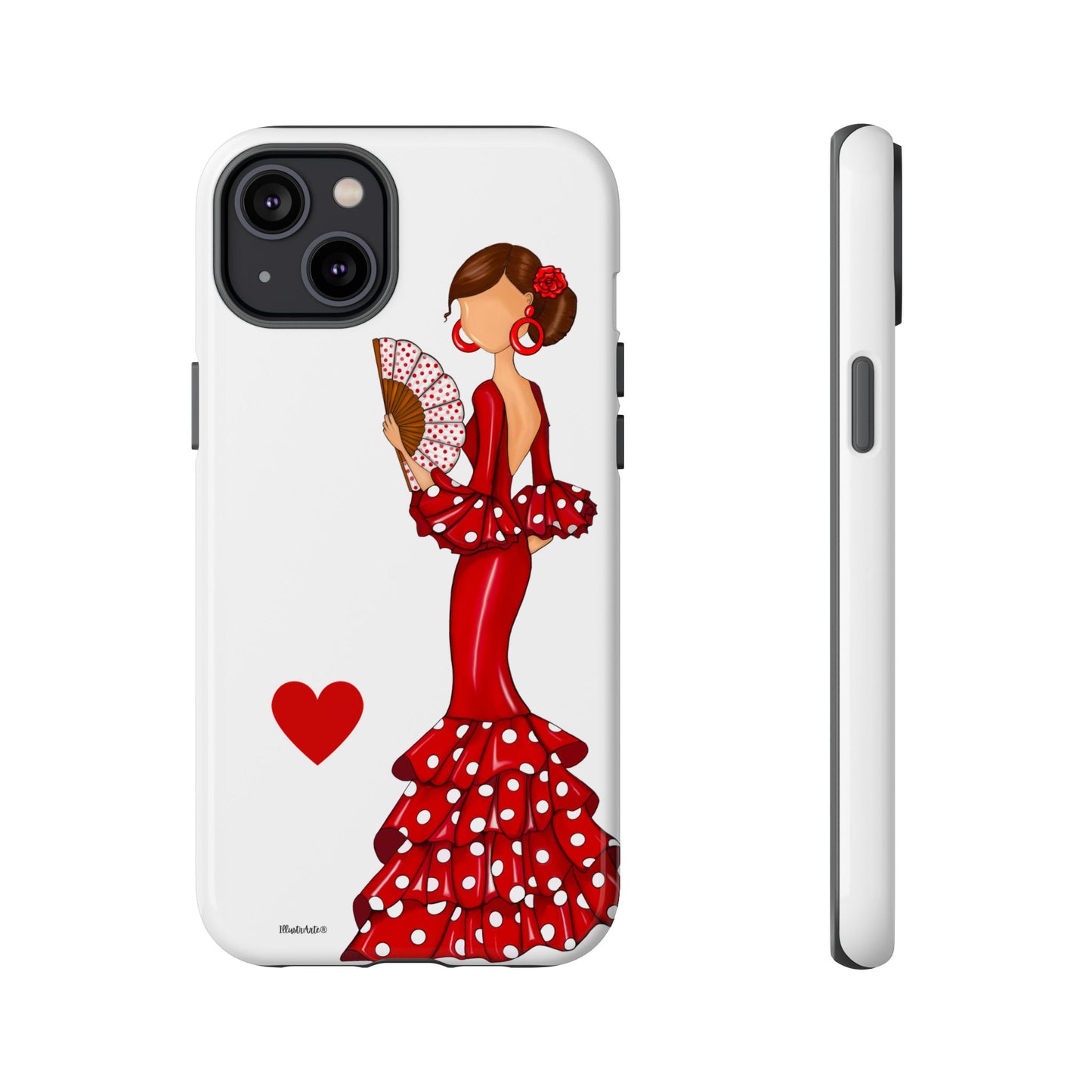 una funda de teléfono con una mujer en un vestido rojo sosteniendo un abanico