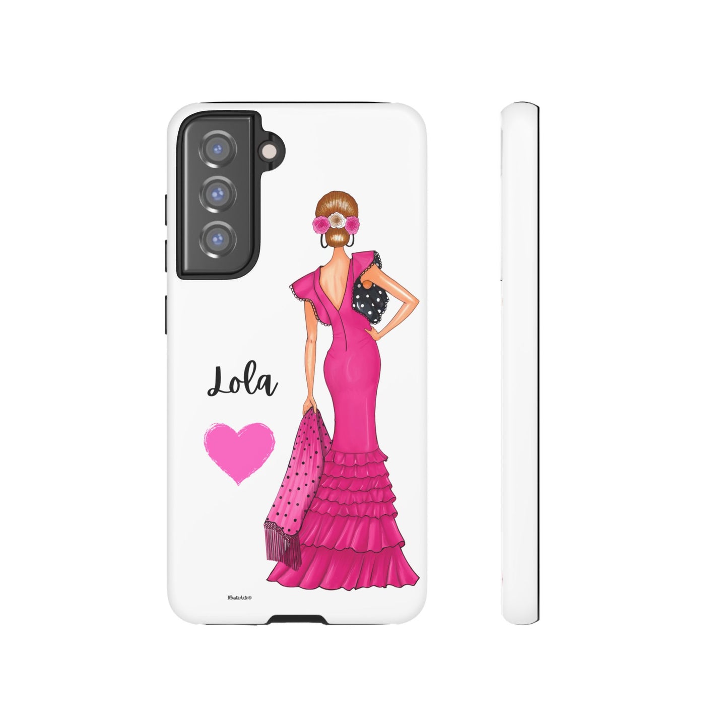 una funda para teléfono con una mujer en un vestido rosa