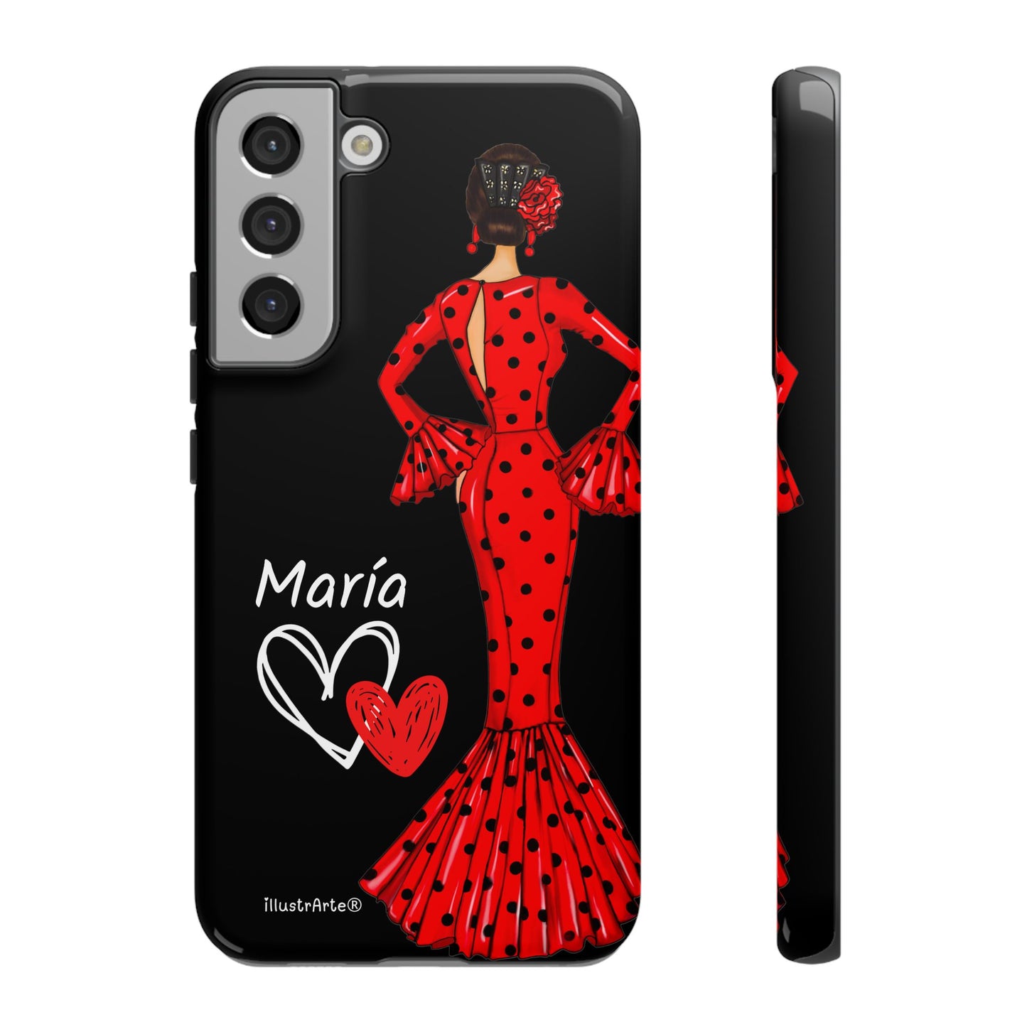 Capa de celular personalizável com nome/bandeira/Virgem - modelo Red Maria com cabelo escuro, fundo preto, para iPhone, Samsung e Google Pixel
