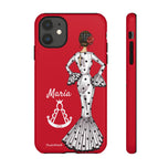 Personalised phone case flamenco dancer María Blanco, red background, with the Virgen del Rocío for iPhone 11, gloss finish – illustrArte