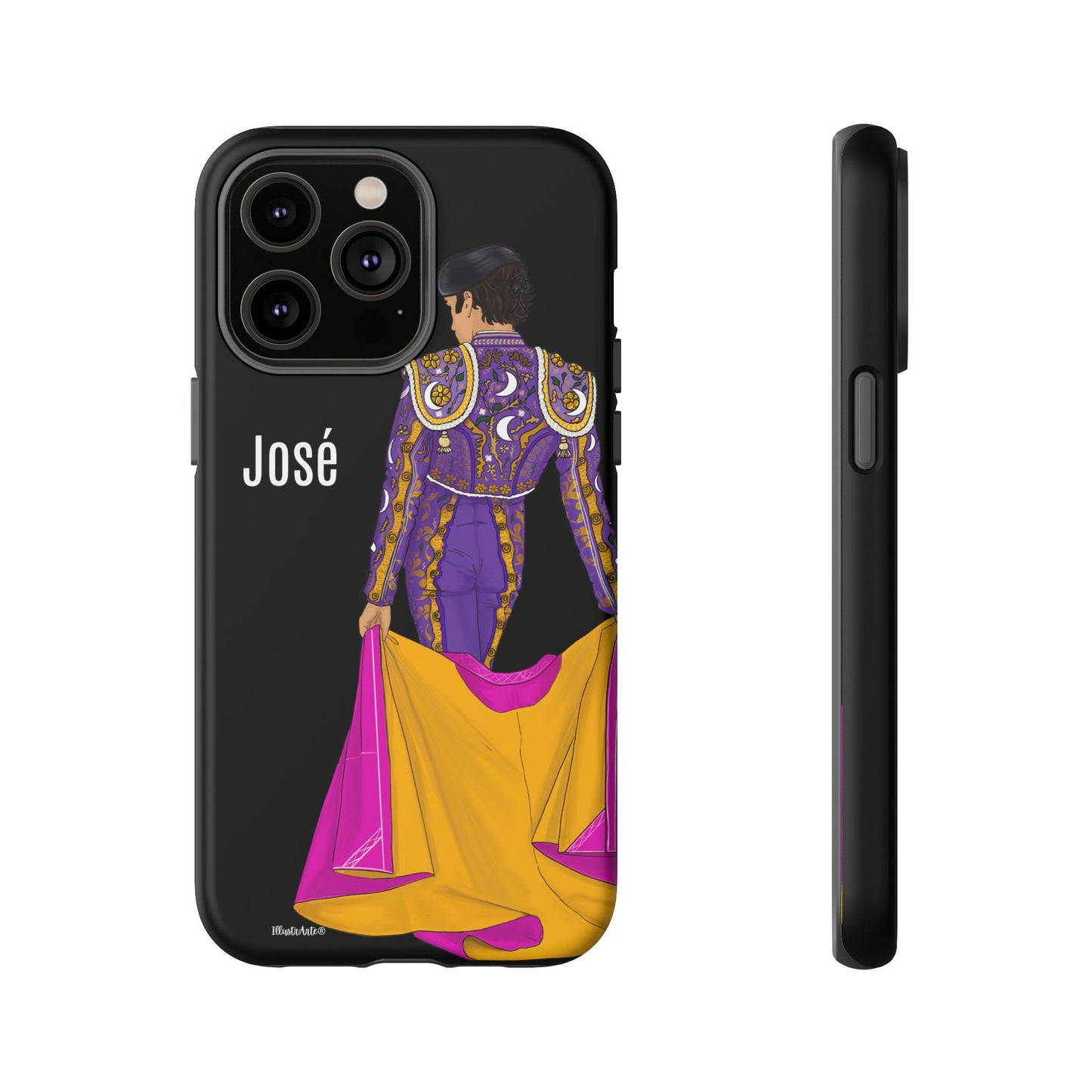 una funda de teléfono con una imagen de una mujer en un vestido morado y amarillo