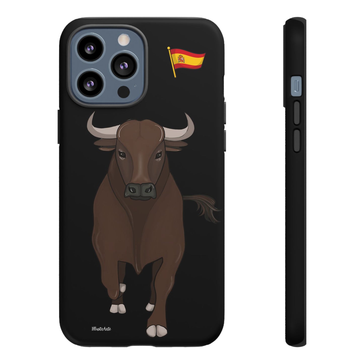 Funda de iPhone con diseño modelo toro Manuel, mostrando coloridos detalles.