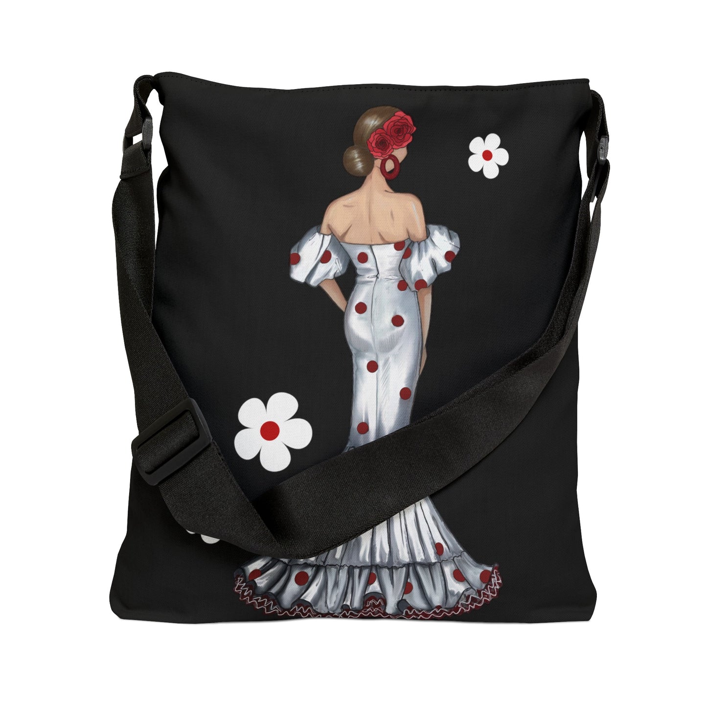 a handbag with a woman in a dress on it