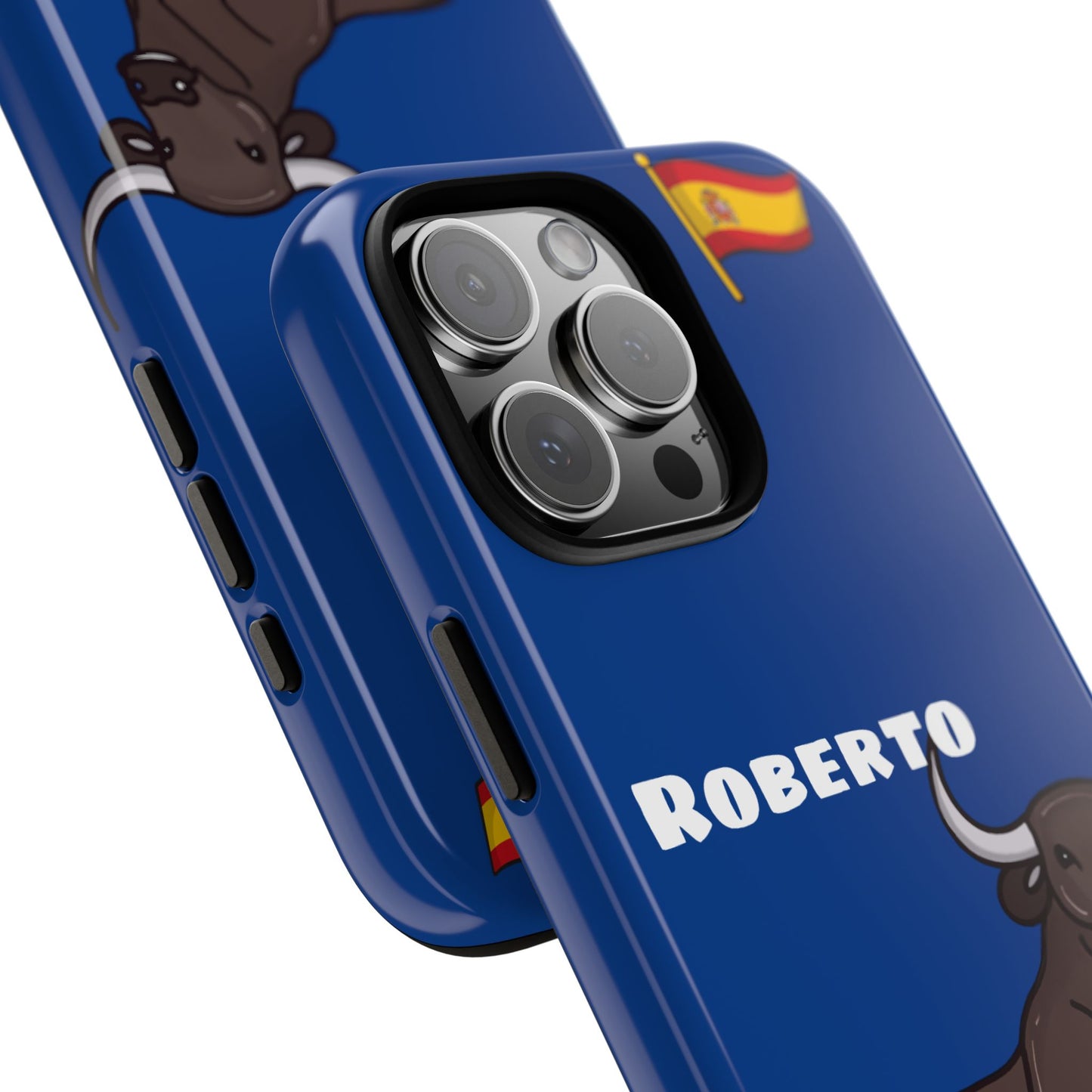 Funda de teléfono personalizable con nombre/bandera/Virgen - Modelo Toro Roberto sobre azul Para iPhone, Samsung Y Google Pixel