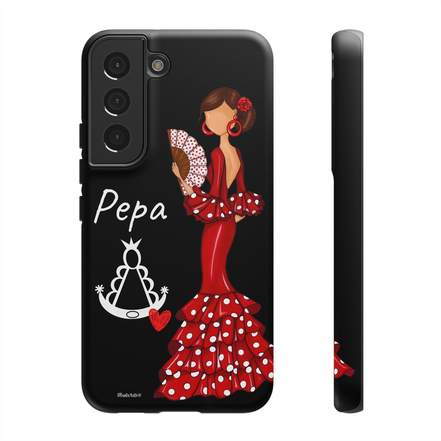 una funda de teléfono con una mujer en un vestido rojo