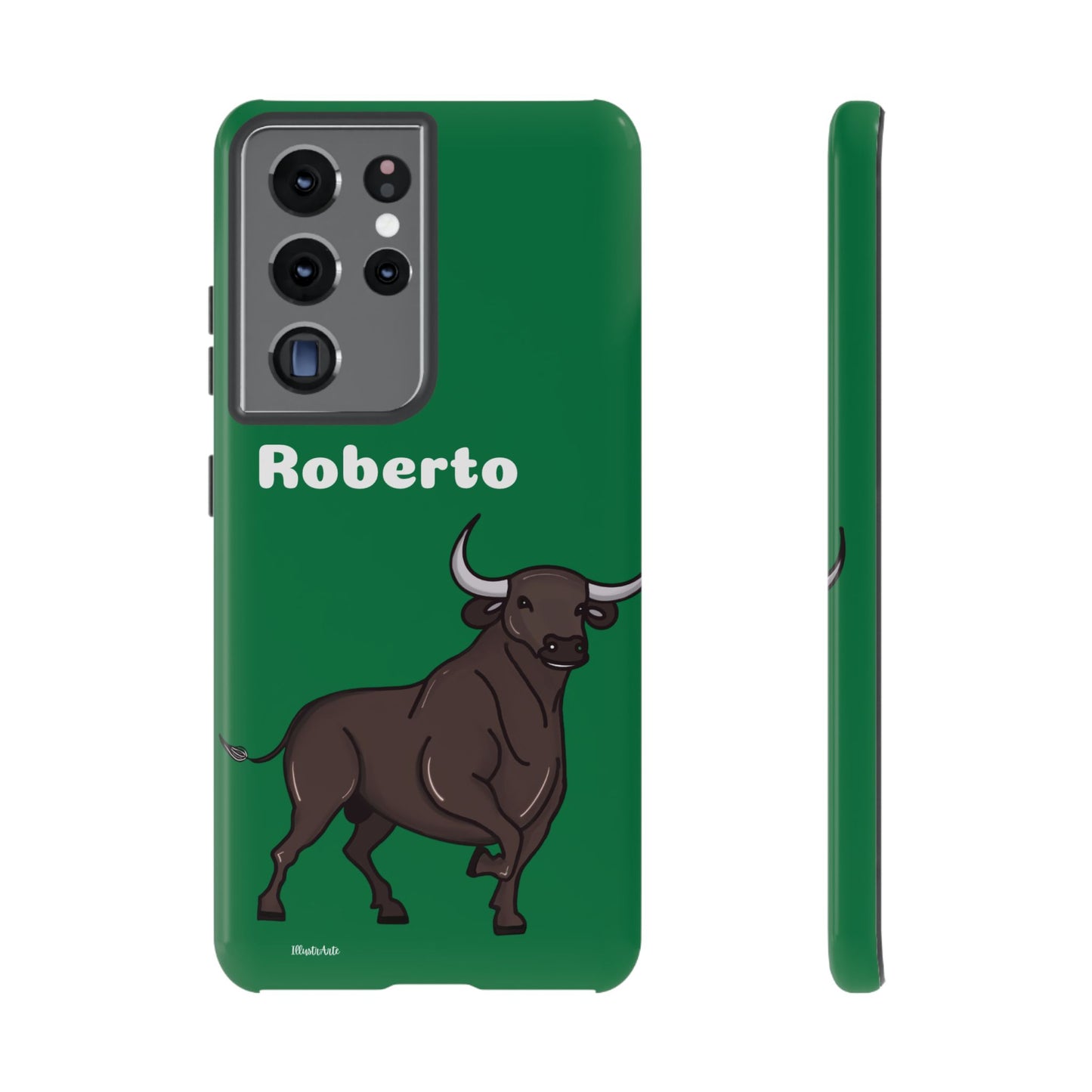 una funda de teléfono verde con un toro en ella